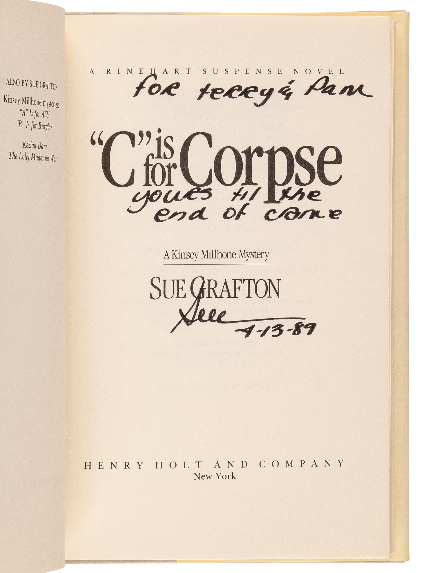 GRAFTON, Sue (1940-2017). The first three works from the Kinsey Millhone Alphabet Series. All FIRST EDITIONS. Comprising: