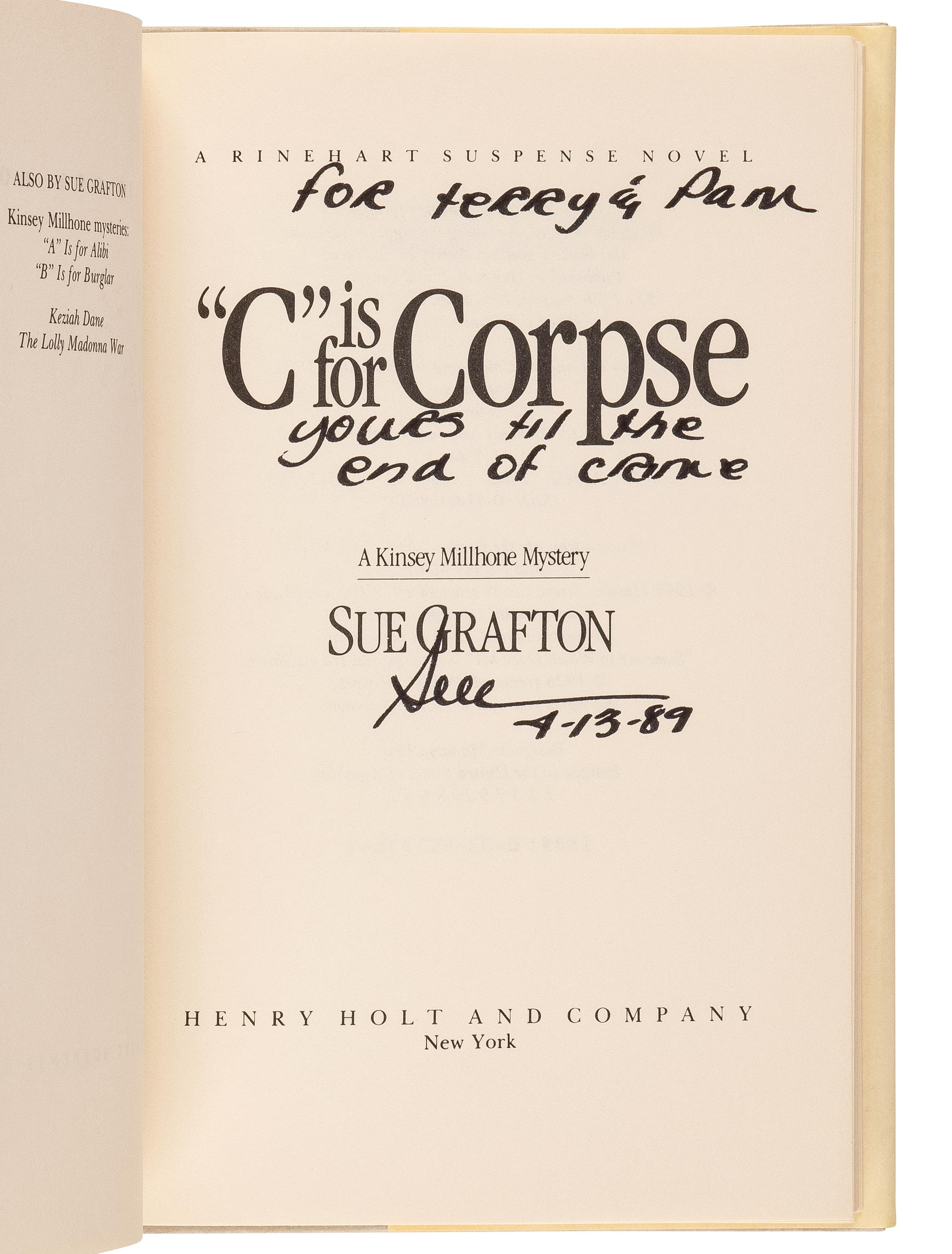 GRAFTON, Sue (1940-2017). The first three works from the Kinsey Millhone Alphabet Series. All FIRST EDITIONS. Comprising: