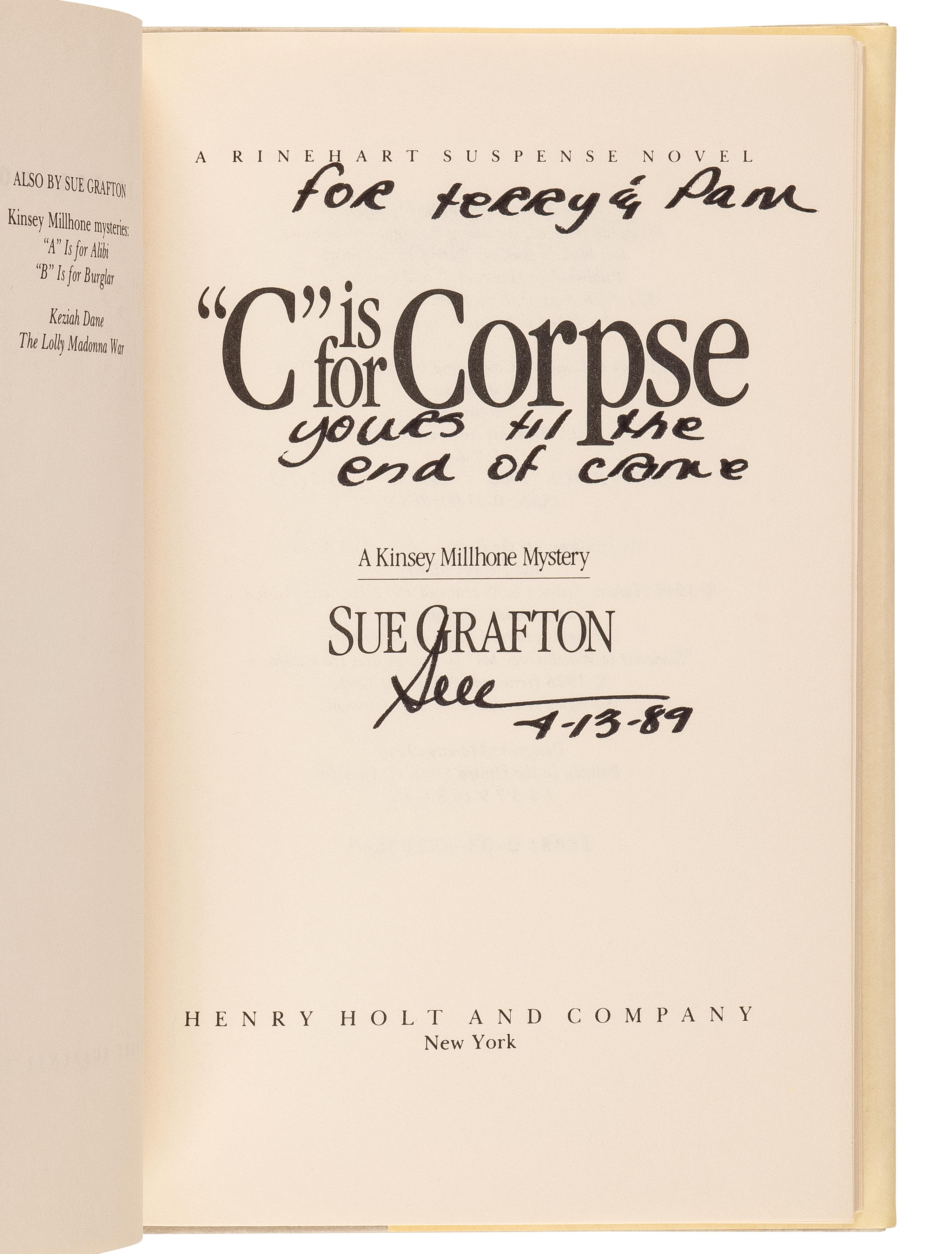 GRAFTON, Sue (1940-2017). The first three works from the Kinsey Millhone Alphabet Series. All FIRST EDITIONS. Comprising:
