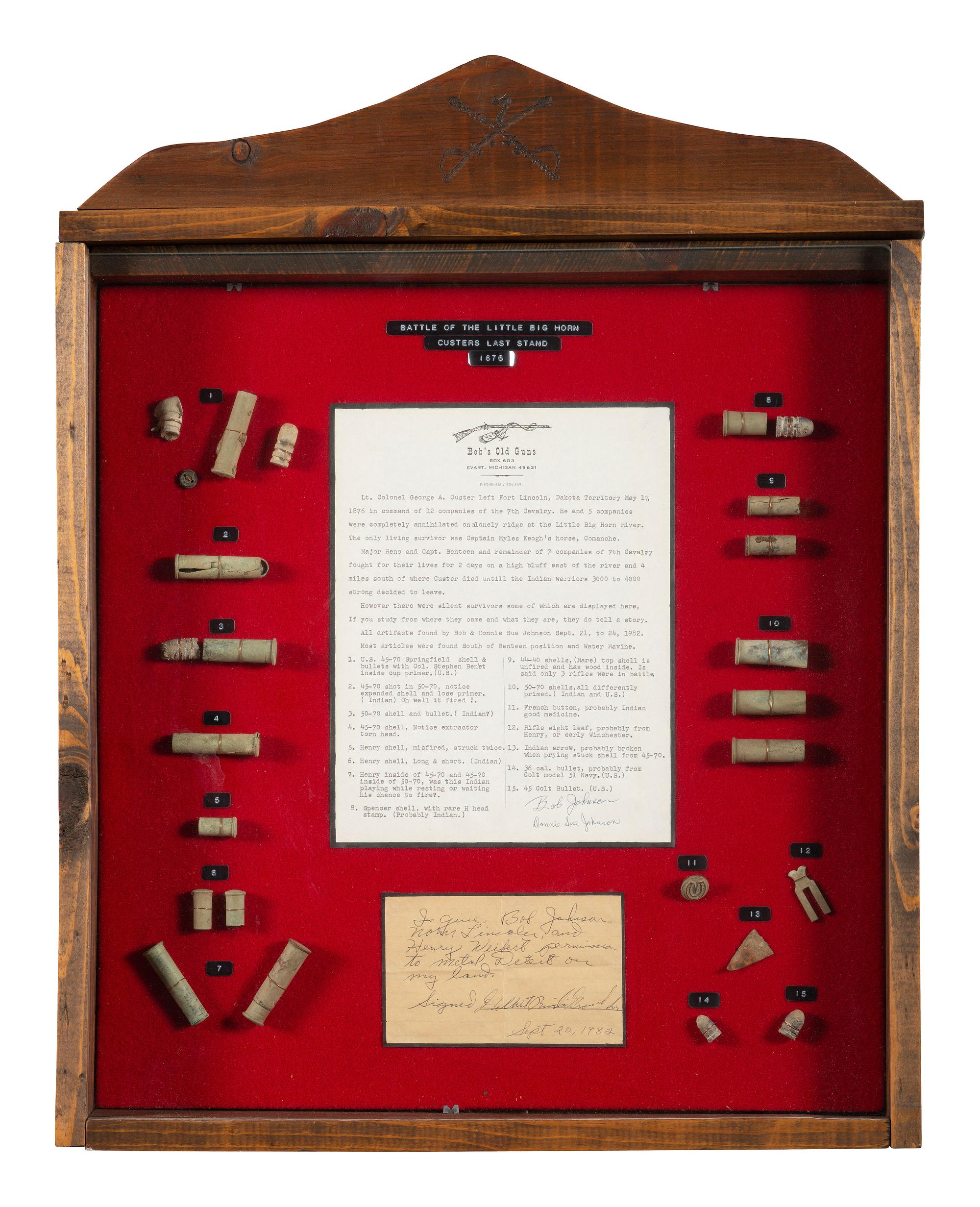 [LATE INDIAN WARS]. Little Bighorn Battlefield relics, incl. shells and bullets, found by Bob and Donella Johnson in 1981.