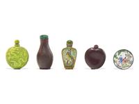 Four Chinese Snuff Bottles and One Small Snuff Dish