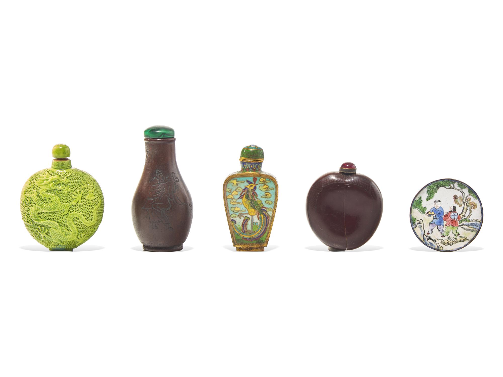 Four Chinese Snuff Bottles and One Small Snuff Dish