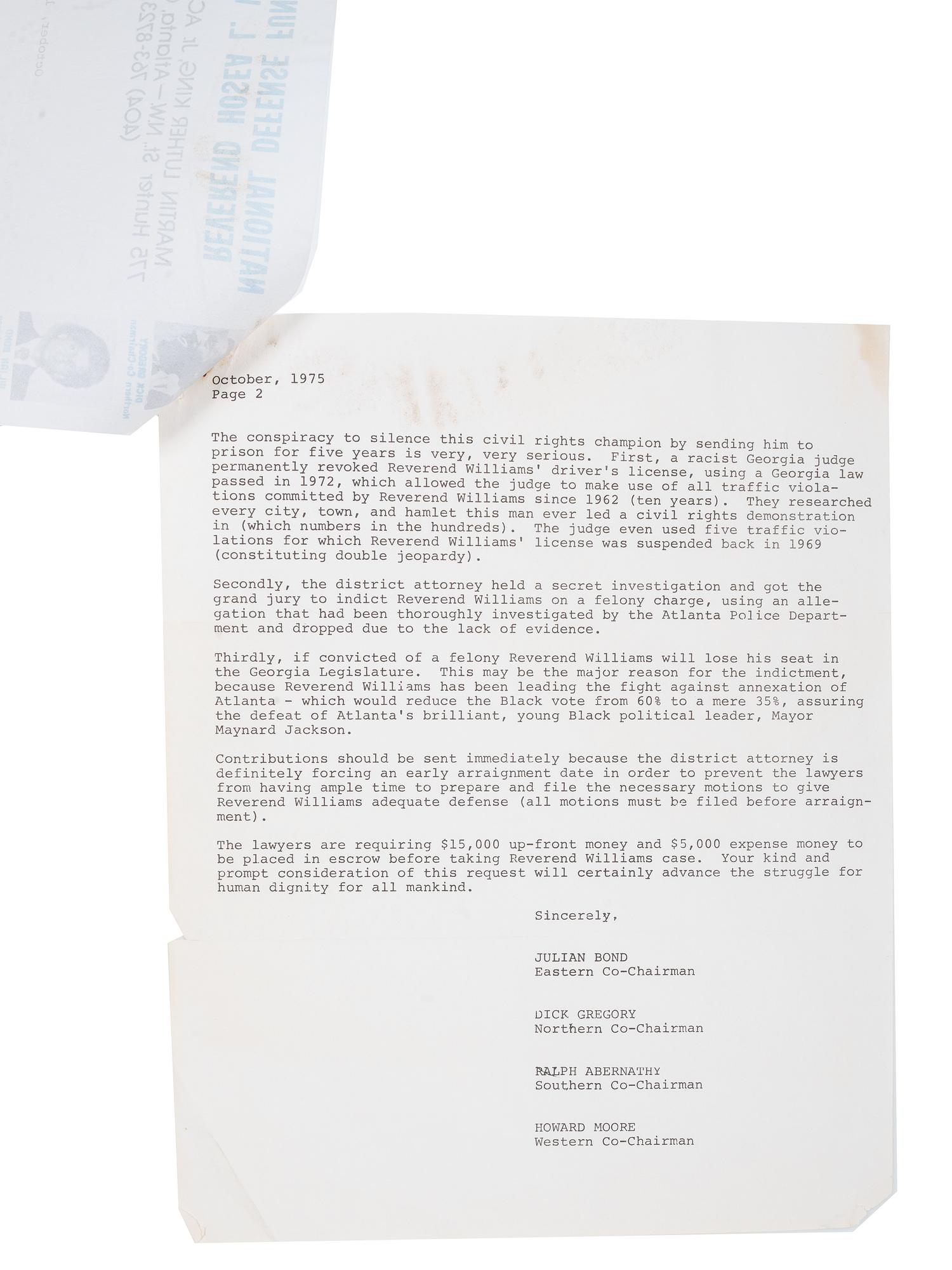 [CIVIL RIGHTS]. WILLIAMS, Hosea L. (1926-2000). Typed letter signed ("Hosea") to Lerone Bennett, Jr. (1928-2018) with fundraising appeal from the "National Defense Fund to Free Reverend Hosea L. Williams." Atlanta, Georgia, 1975.