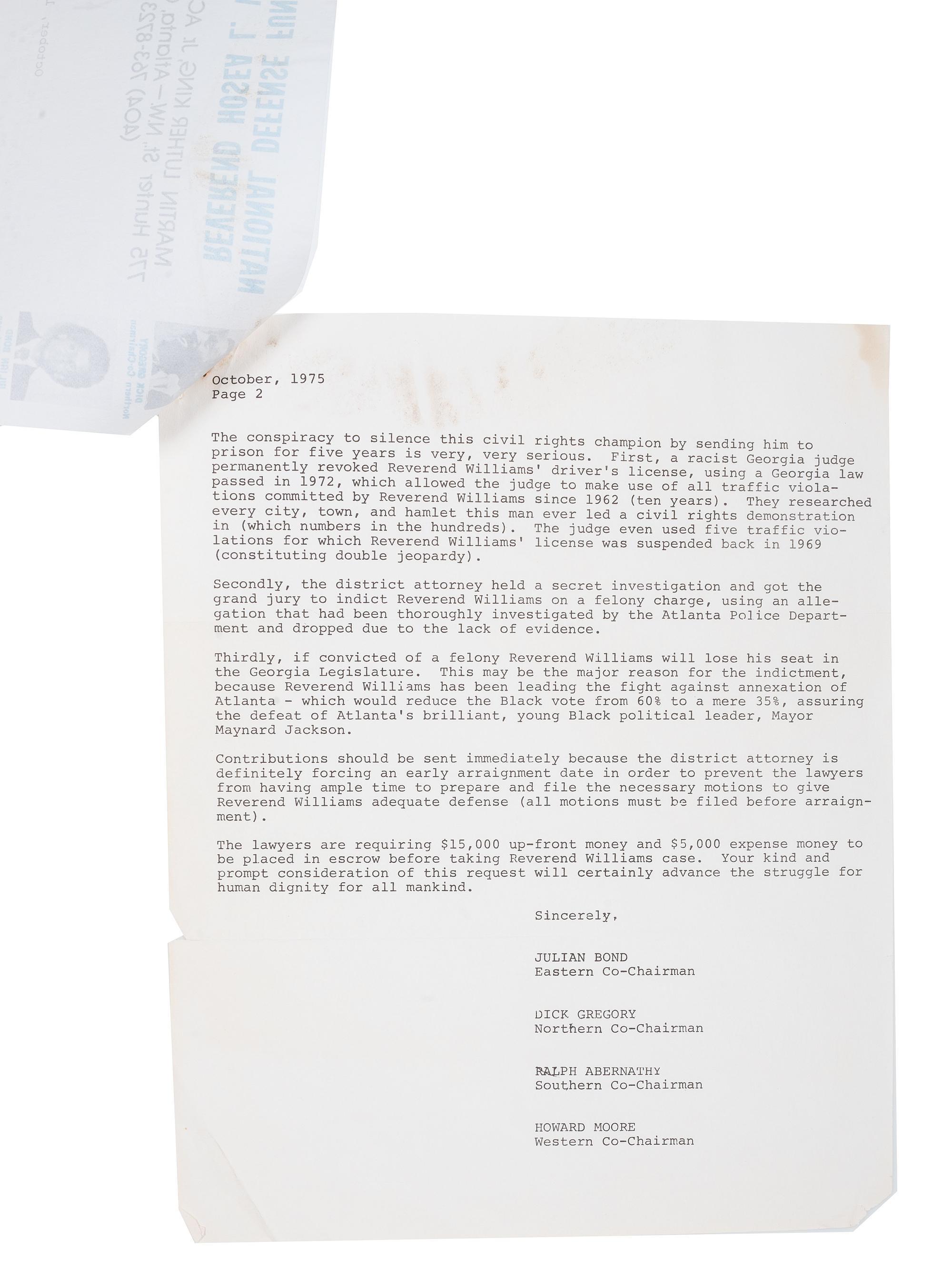 [CIVIL RIGHTS]. WILLIAMS, Hosea L. (1926-2000). Typed letter signed ("Hosea") to Lerone Bennett, Jr. (1928-2018) with fundraising appeal from the "National Defense Fund to Free Reverend Hosea L. Williams." Atlanta, Georgia, 1975.