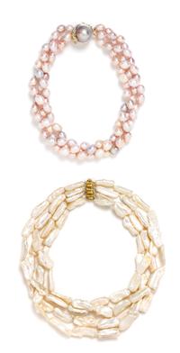 A Collection of 14 Karat Yellow Gold and Multistrand Cultured Pearl Necklaces,