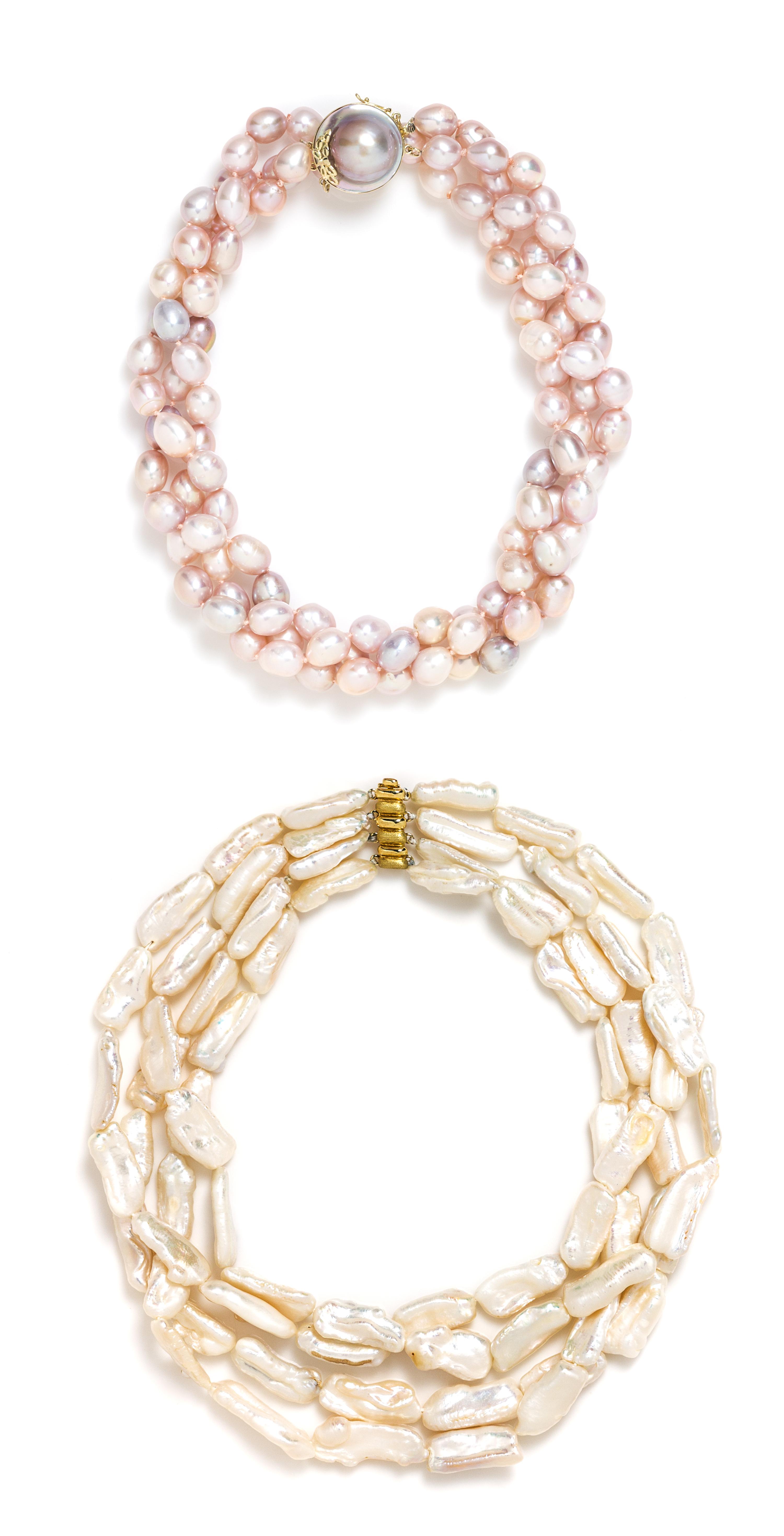 A Collection of 14 Karat Yellow Gold and Multistrand Cultured Pearl Necklaces,