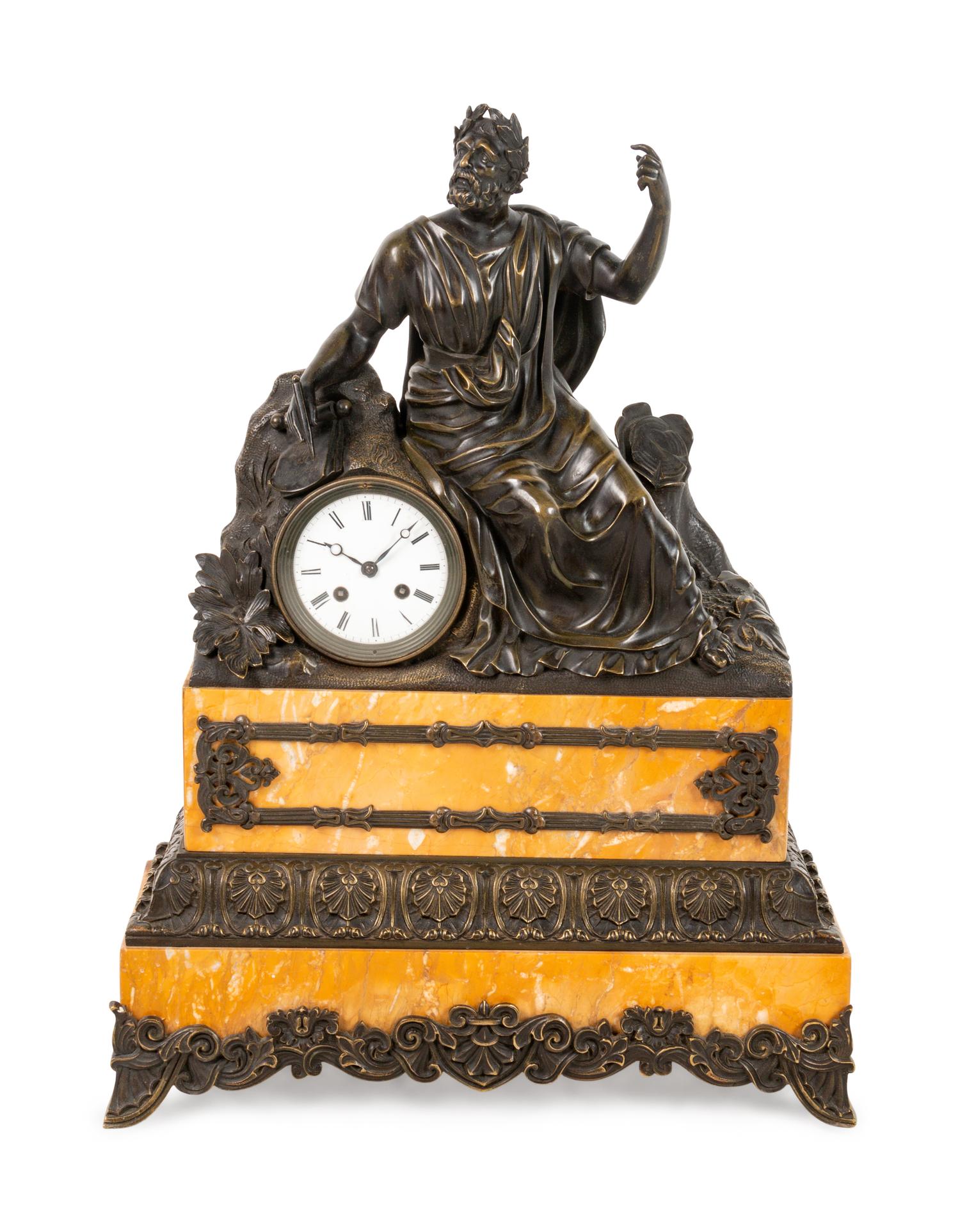 A Neoclassical Style Gilt and Patinated Bronze and Sienna Marble Mantel Clock