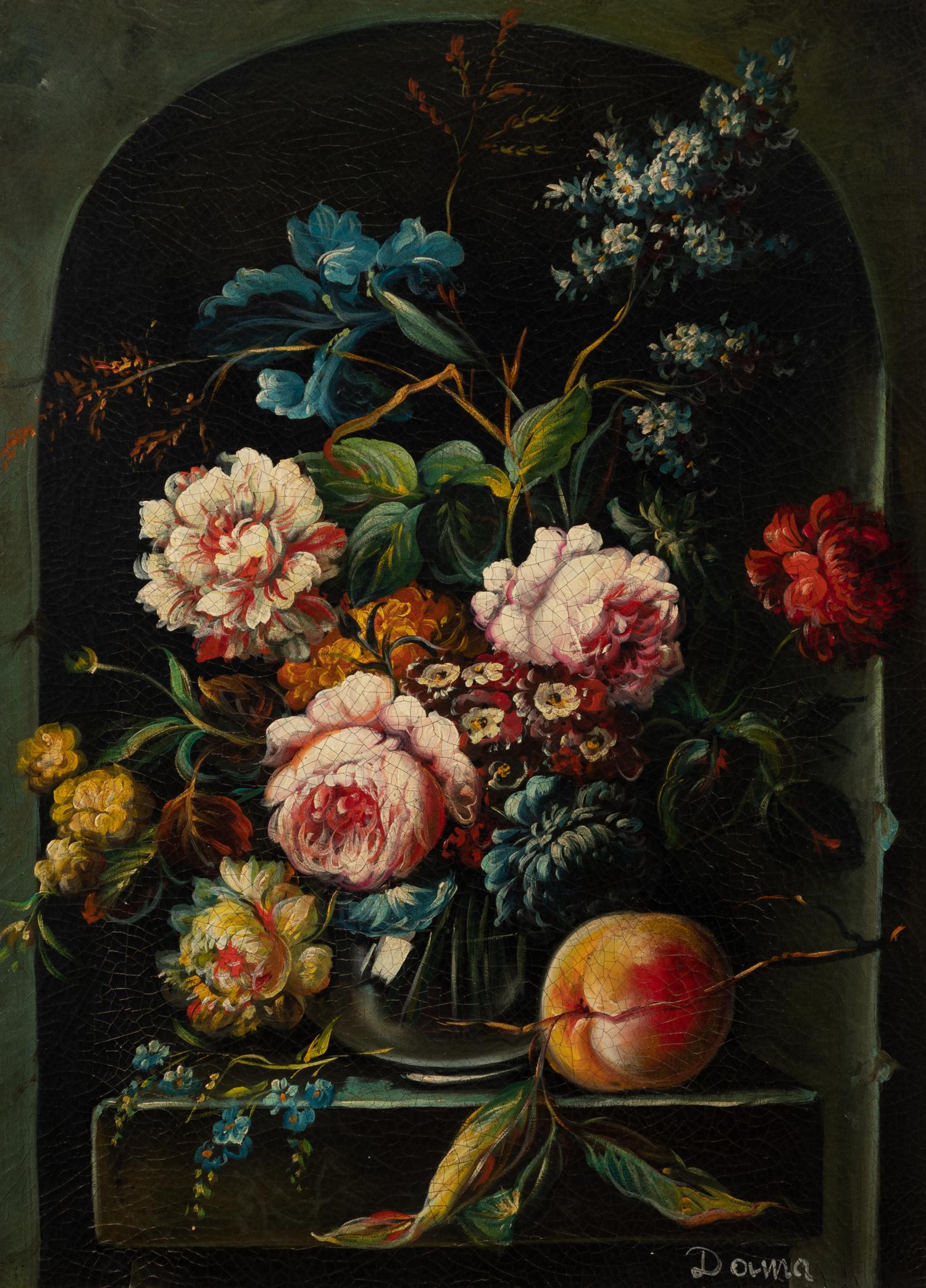 Still Lifes with Flowers and a Peach (a pair of works)