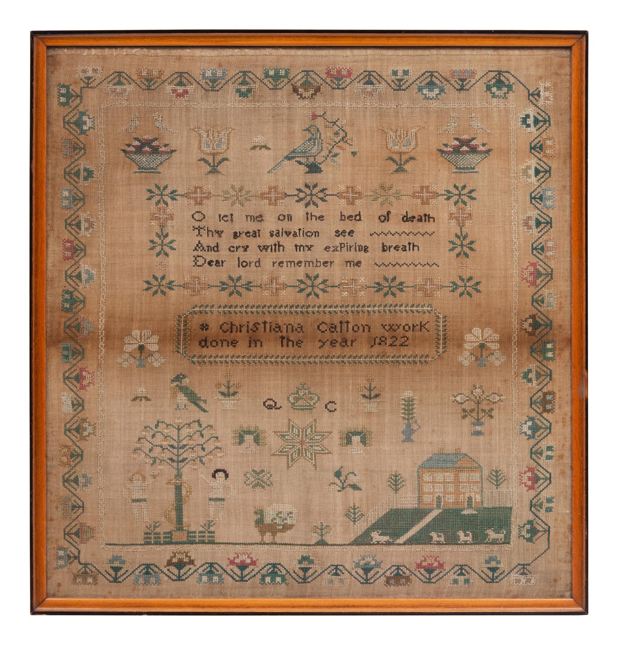 A Cotton and Wool Schoolgirl's Needlework Embroidered Sampler