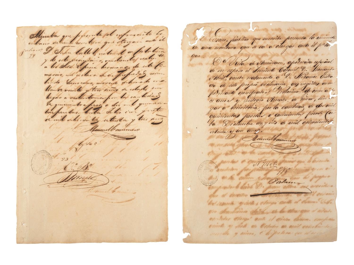 [ENSLAVEMENT & ABOLITION]. A group of 12 documents regarding the sale of enslaved persons in Cuba. 1844-1873.