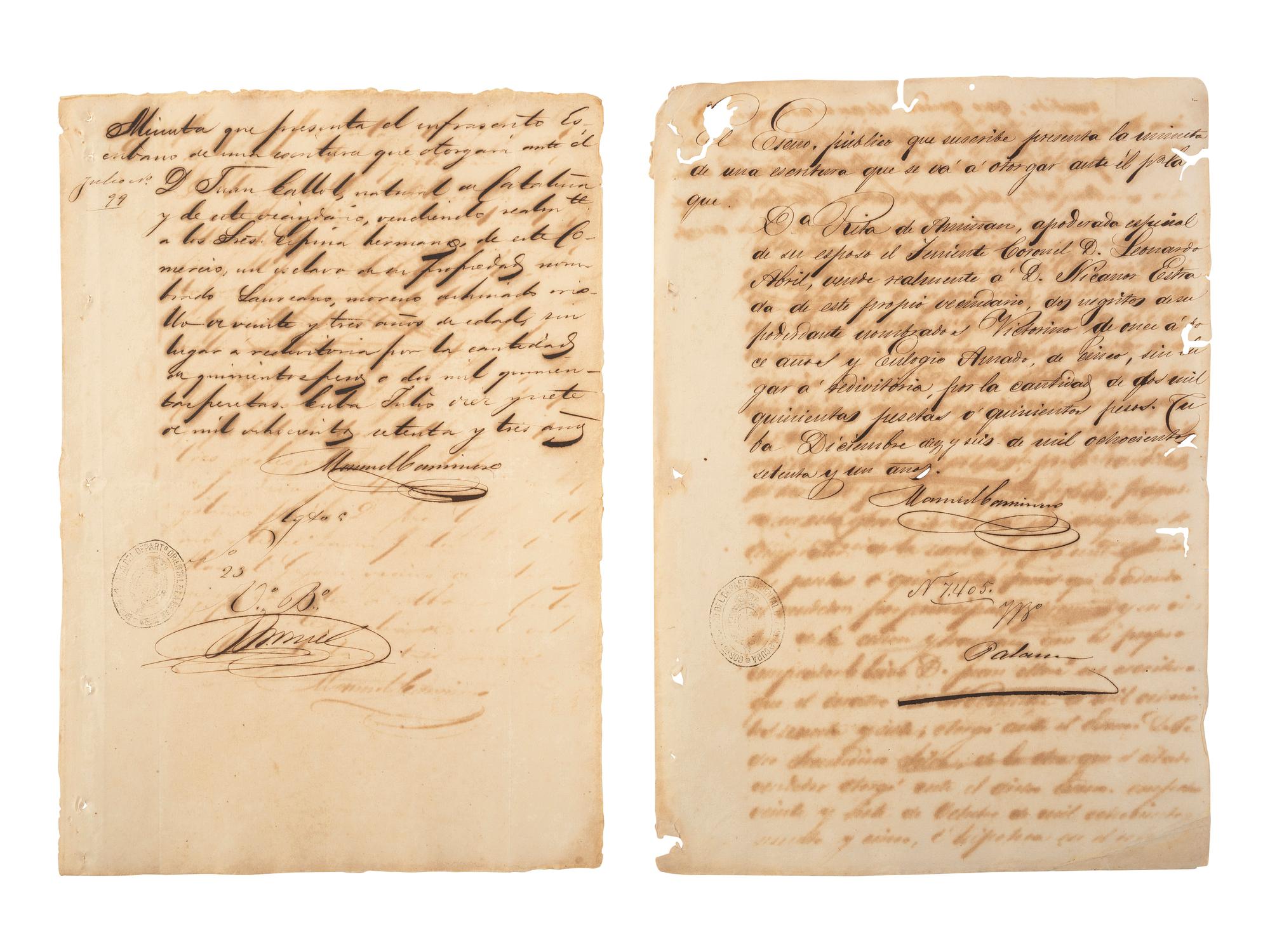 [ENSLAVEMENT & ABOLITION]. A group of 12 documents regarding the sale of enslaved persons in Cuba. 1844-1873.