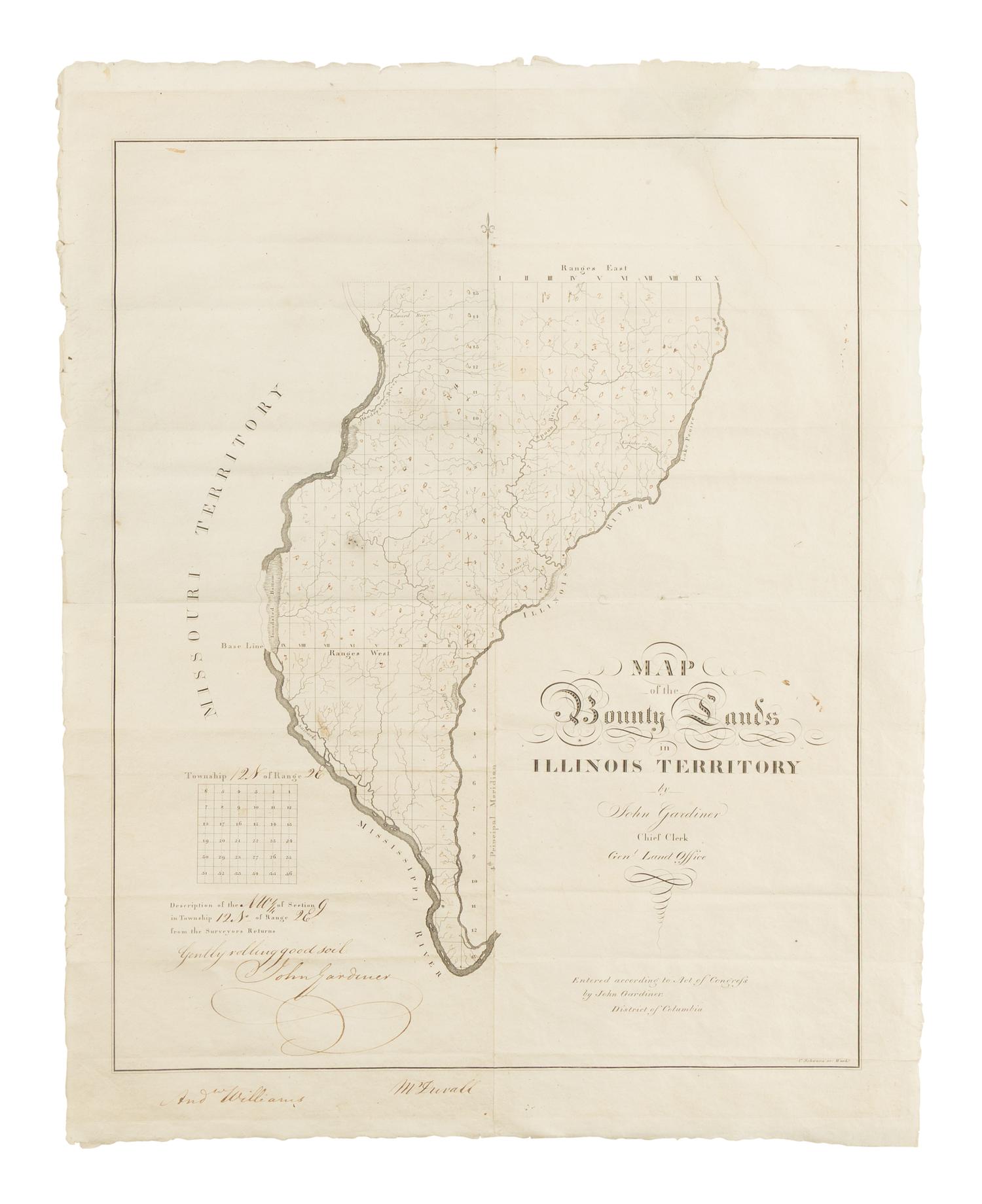 [MAP]. GARDINER, John. Map of the Bounty Lands in Illinois Territory . Washington, D.C., 1817.