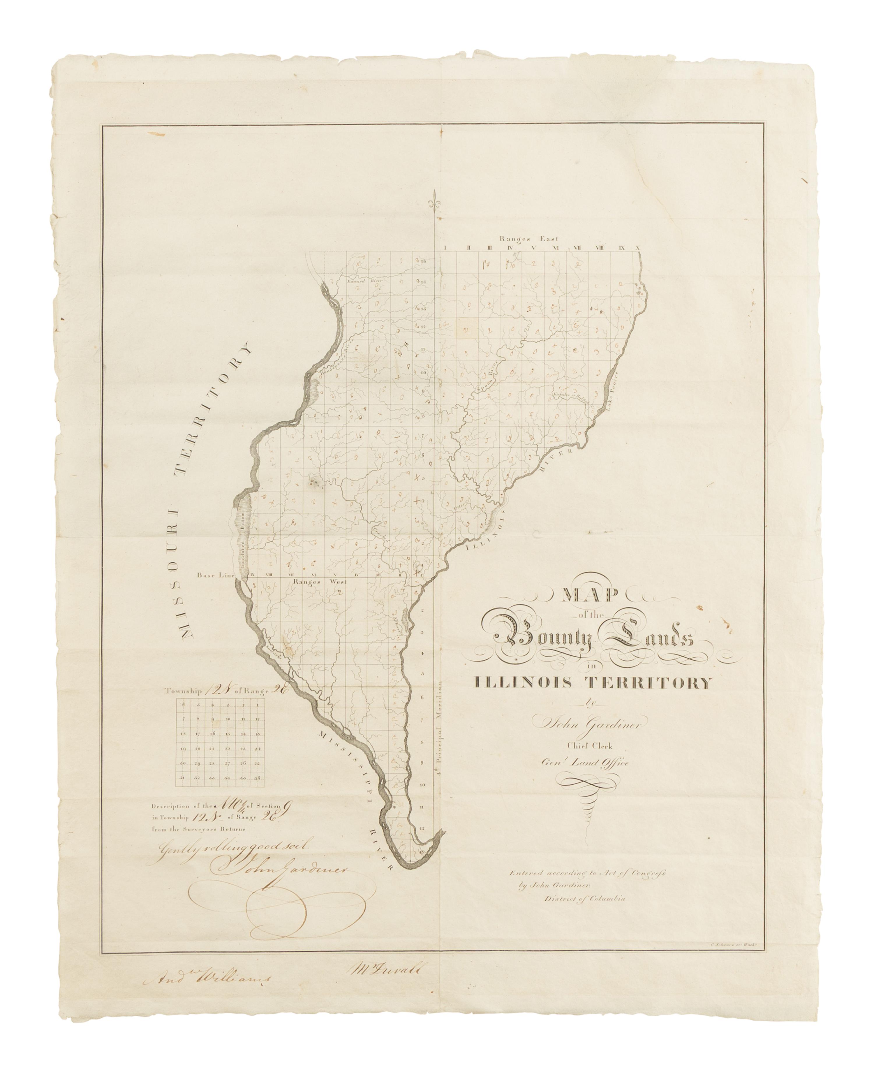 [MAP]. GARDINER, John. Map of the Bounty Lands in Illinois Territory . Washington, D.C., 1817.