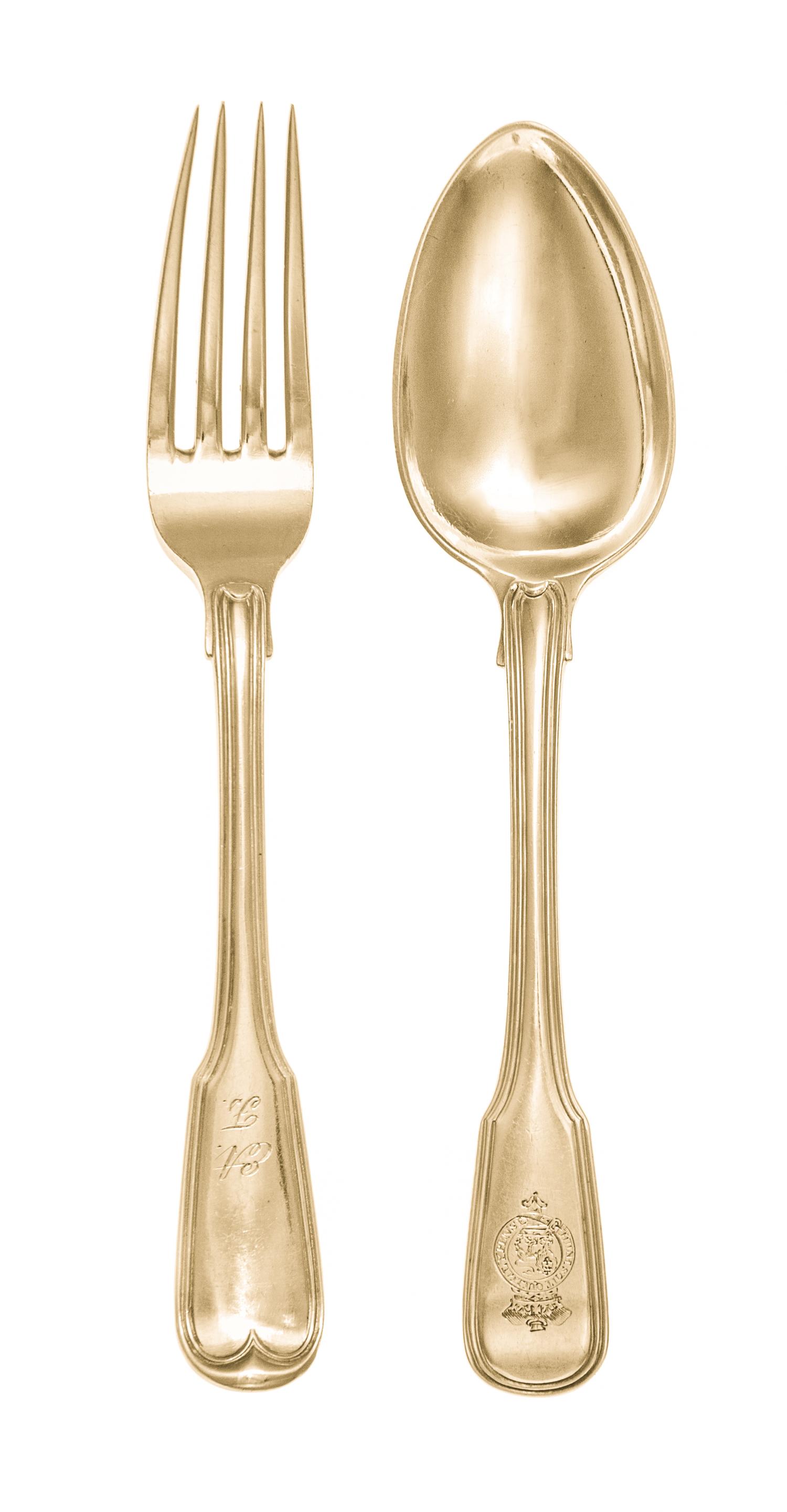 A George III Silver-Gilt Flatware Service, , Fiddle and Thread pattern, comprising: 18 spoons, William Ely, William Fearn & William Cha