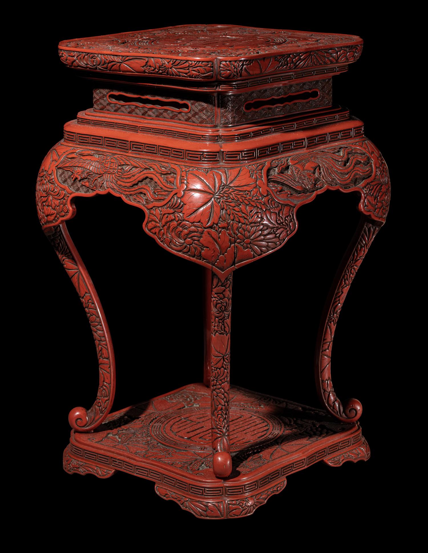 A Small Japanese Carved Red Lacquer Square Stand
