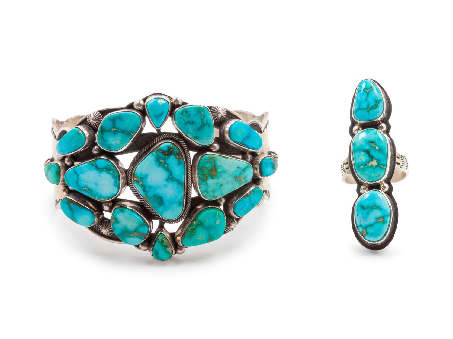 Silver and Turquoise Cuff Bracelet, together with a silver and turquoise ring