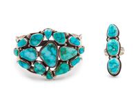 Silver and Turquoise Cuff Bracelet, together with a silver and turquoise ring