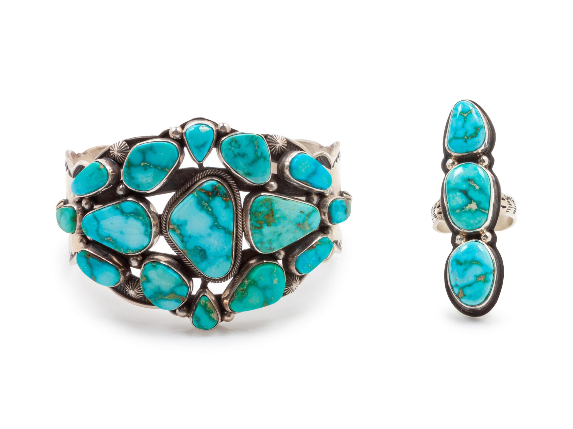 Silver and Turquoise Cuff Bracelet, together with a silver and turquoise ring