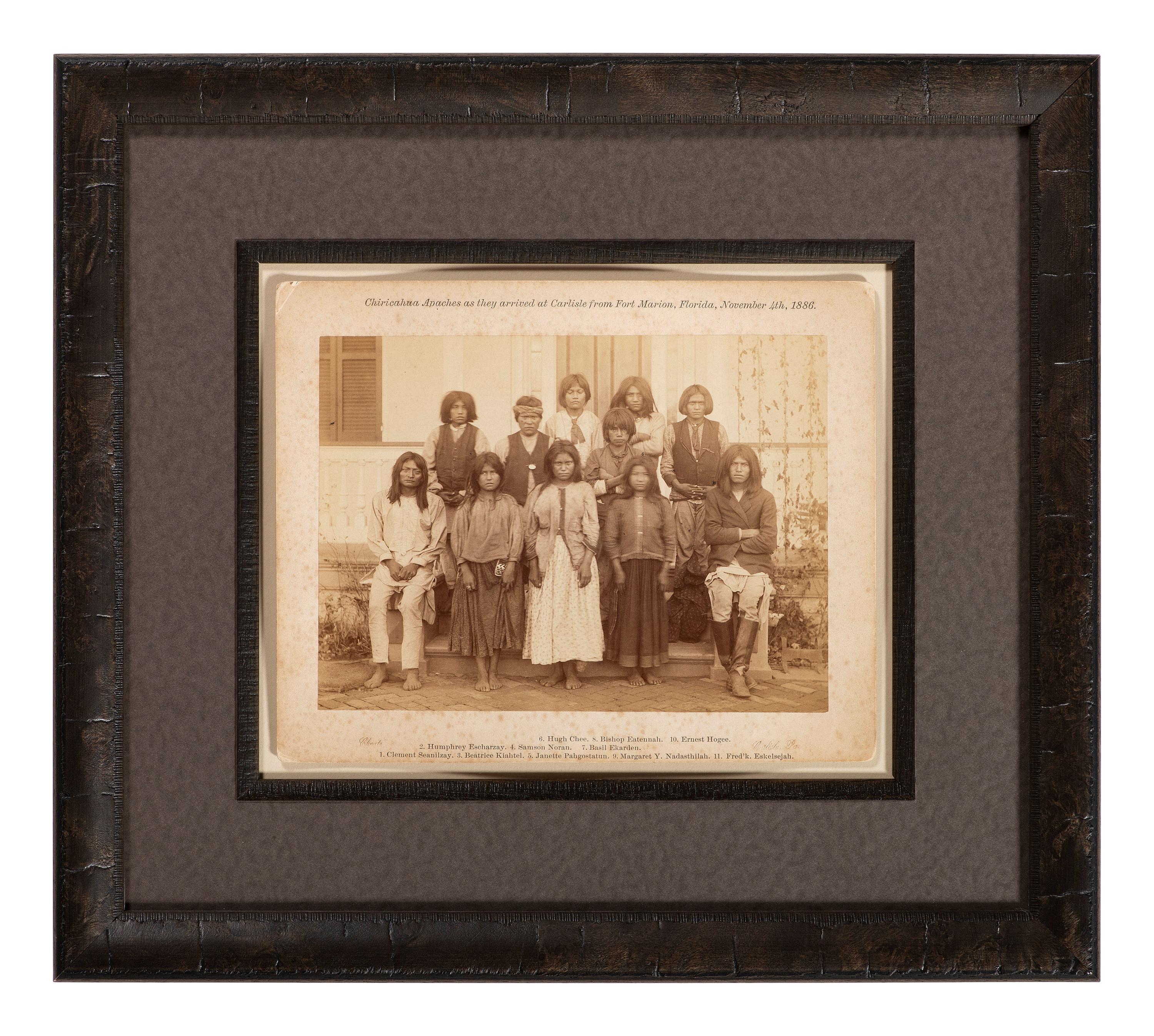 CHOATE, John N. (1848-1902), photographer. A pair of large format photographs featuring identified Chiricahua Apache students at Carlisle Indian School, before and after. Carlisle, PA, ca 1880s.