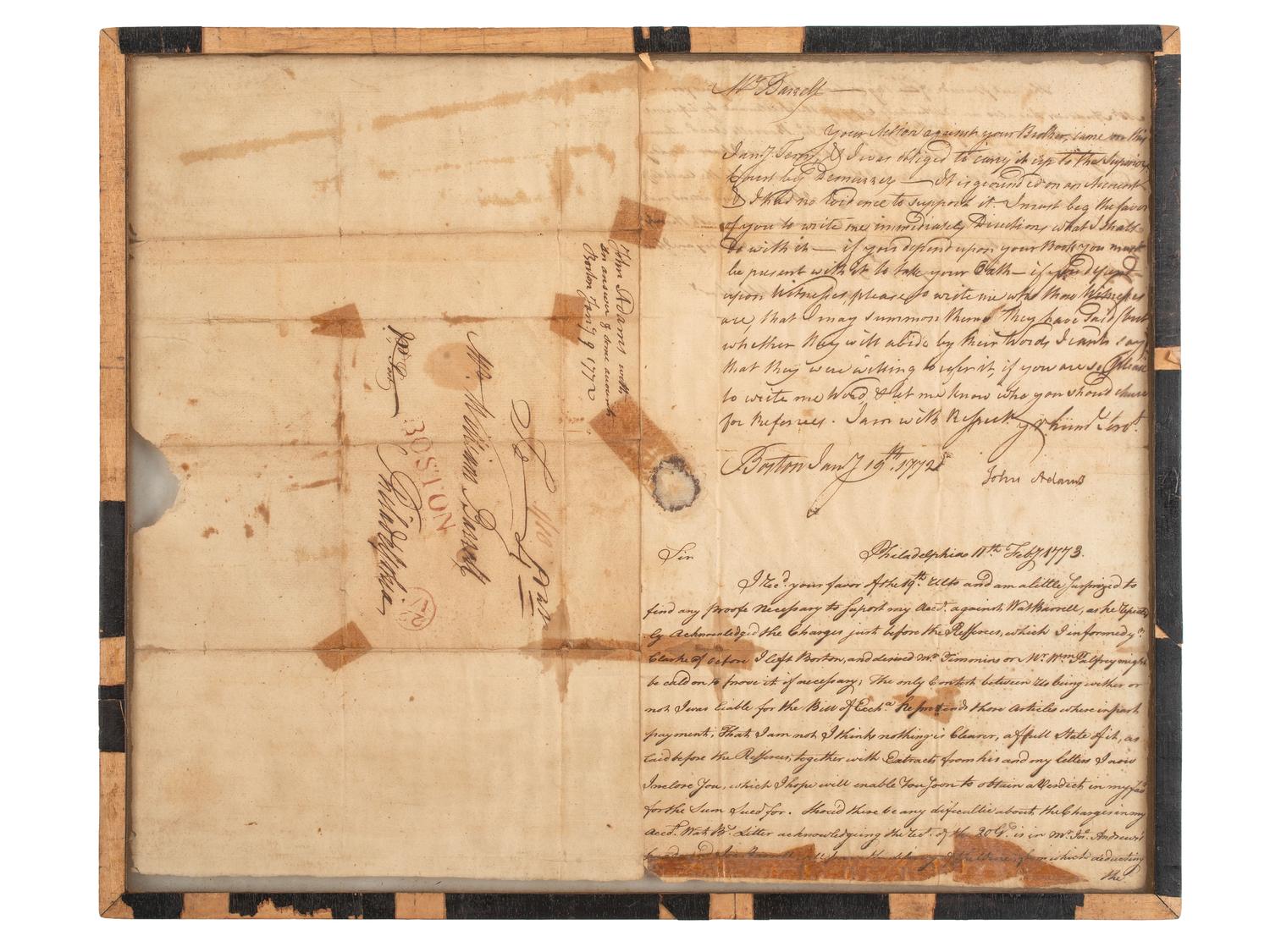 ADAMS, John (1735-1826). Letter signed ("John Adams"), as attorney, to Philadelphia merchant William Barrell. Boston, 19 January 1772 [1773].