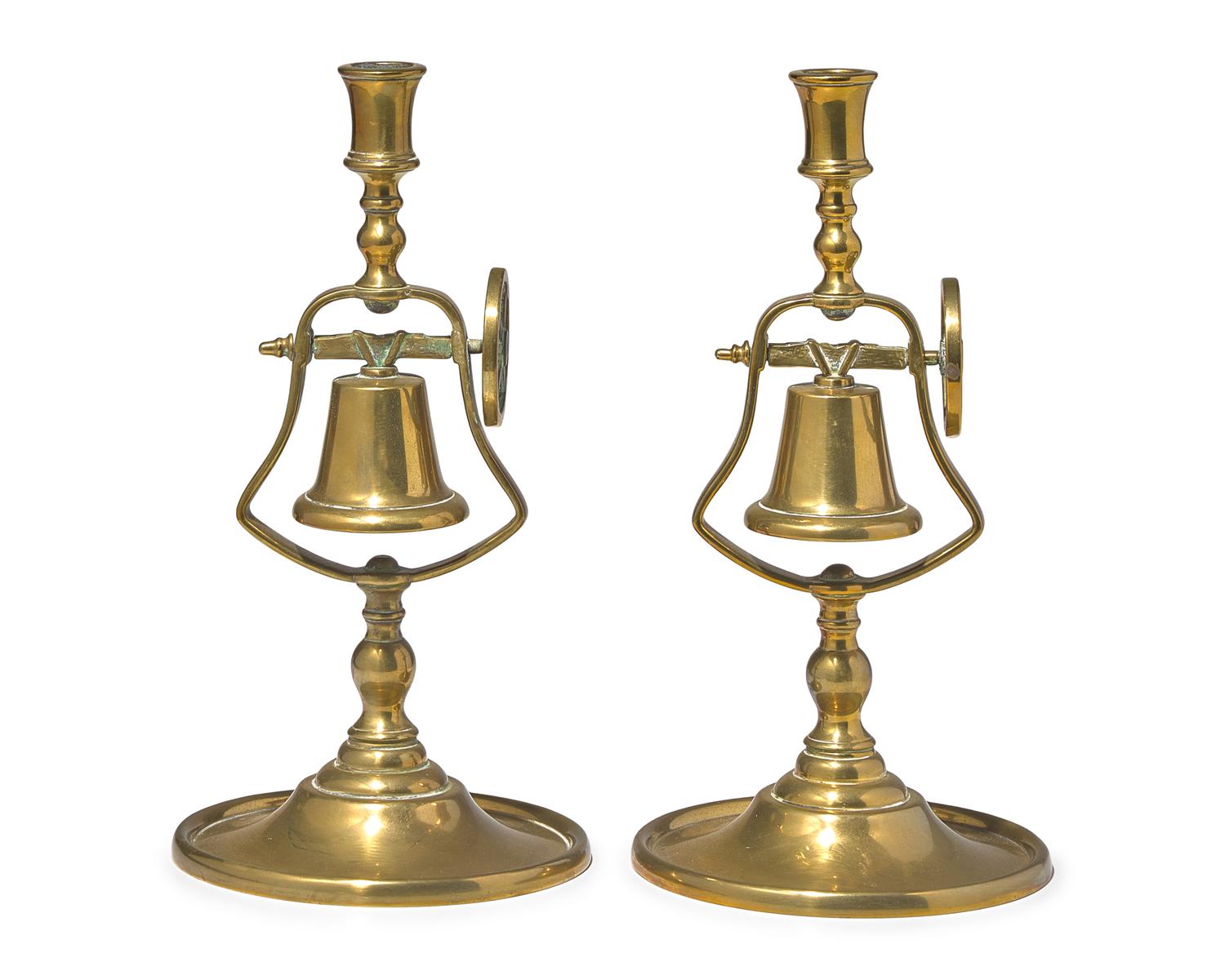 A Pair of Brass Tavern Candlesticks with Service Bell, England, Circa 1840