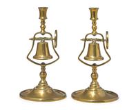 A Pair of Brass Tavern Candlesticks with Service Bell, England, Circa 1840
