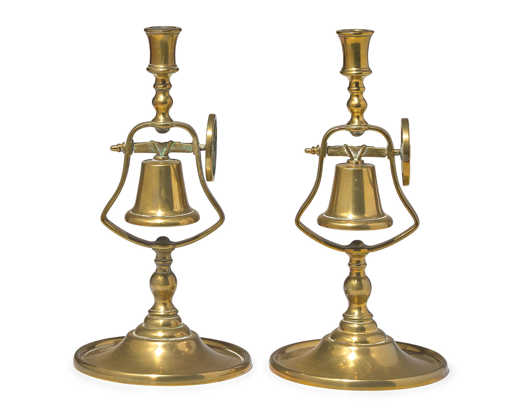 A Pair of Brass Tavern Candlesticks with Service Bell, England, Circa 1840