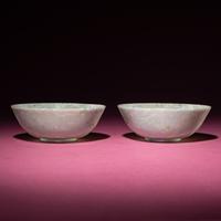 A Pair of Chinese Carved Jadeite 'Floral' Bowls, 19th-20th Century — 晚清-民國 翡翠刻花過墻碗一對