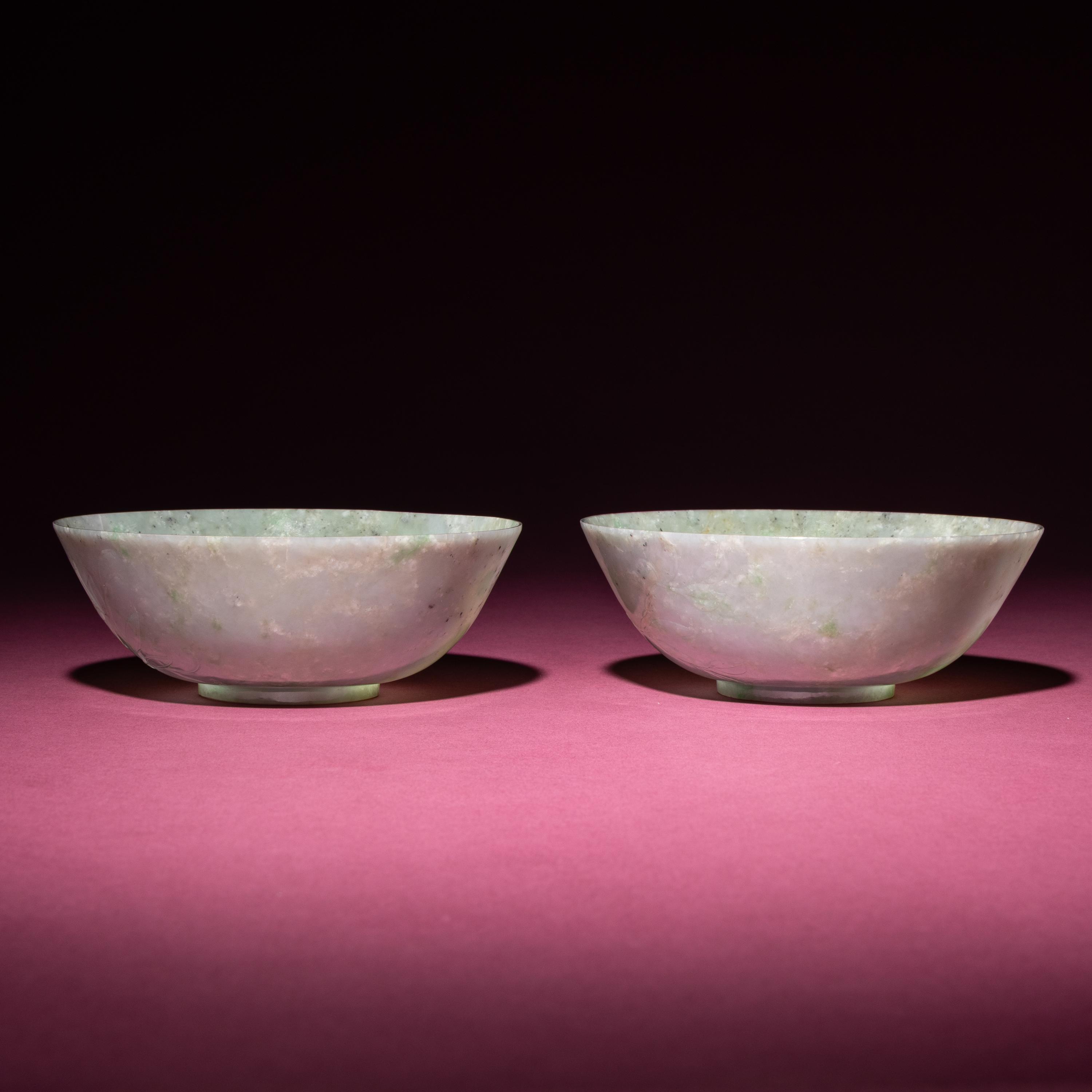 A Pair of Chinese Carved Jadeite 'Floral' Bowls, 19th-20th Century — 晚清-民國 翡翠刻花過墻碗一對