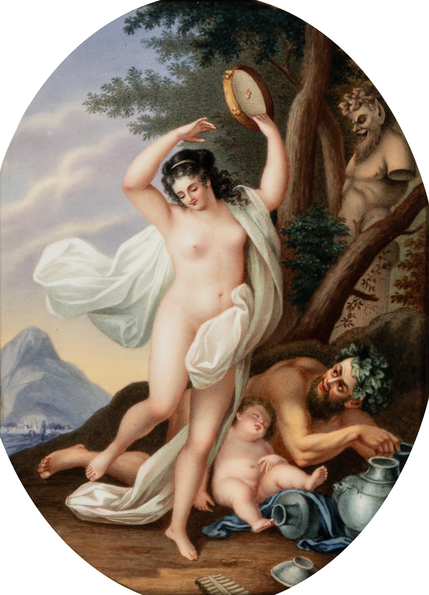 A Continental Porcelain Plaque Depicting Bacchante Playing the Tambourine