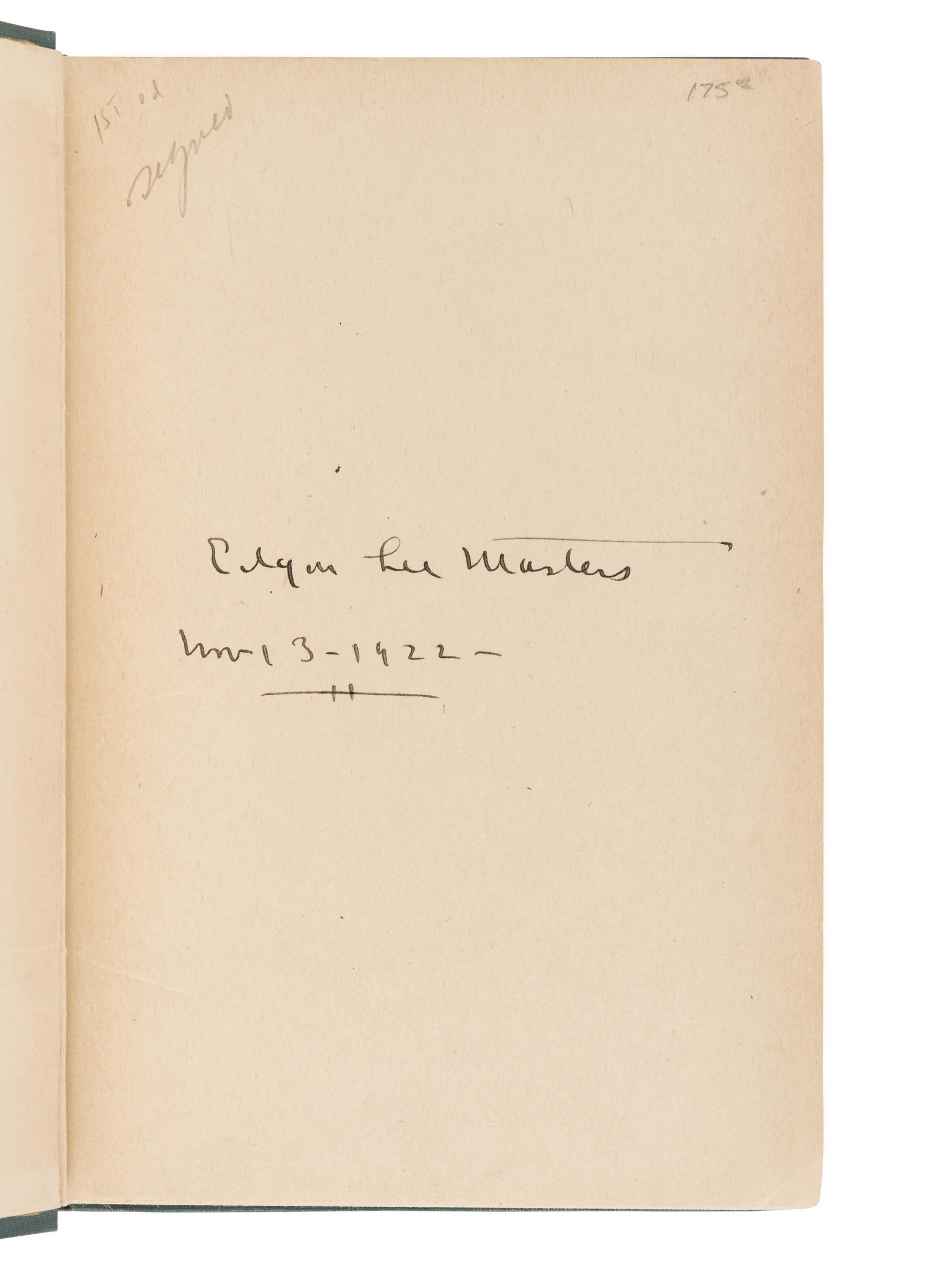 MASTERS, Edgar Lee (1868-1950). Spoon River Anthology . New York: The Macmillan Company, 1915.