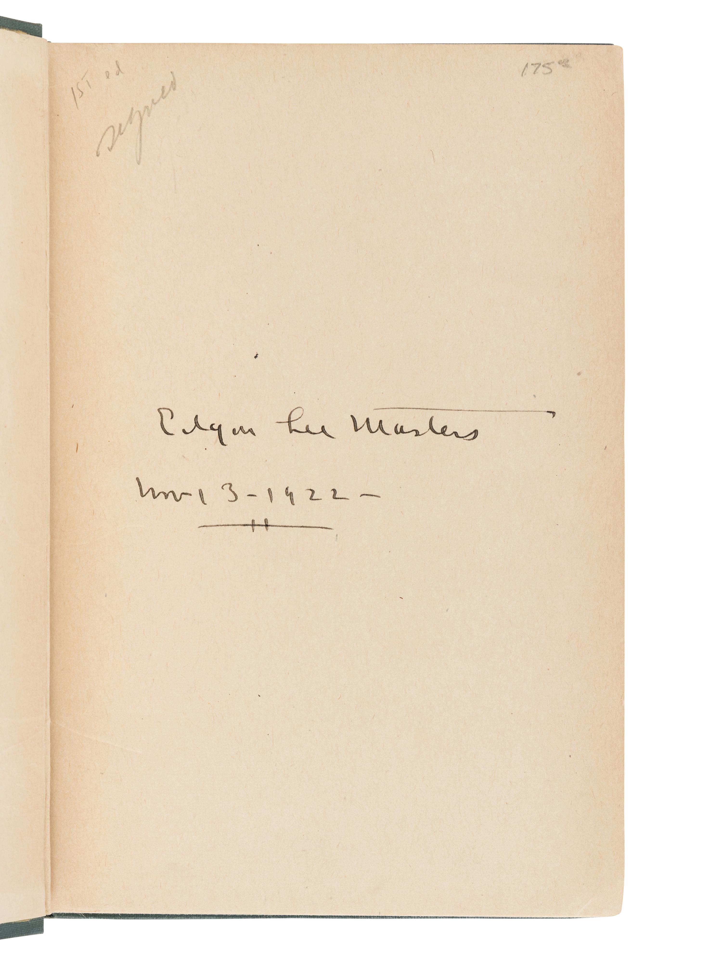 MASTERS, Edgar Lee (1868-1950). Spoon River Anthology . New York: The Macmillan Company, 1915.