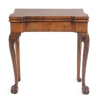 A George II Burlwood and Walnut Needlework Inset Concertina-Action Claw-and-Ball Foot Card Table