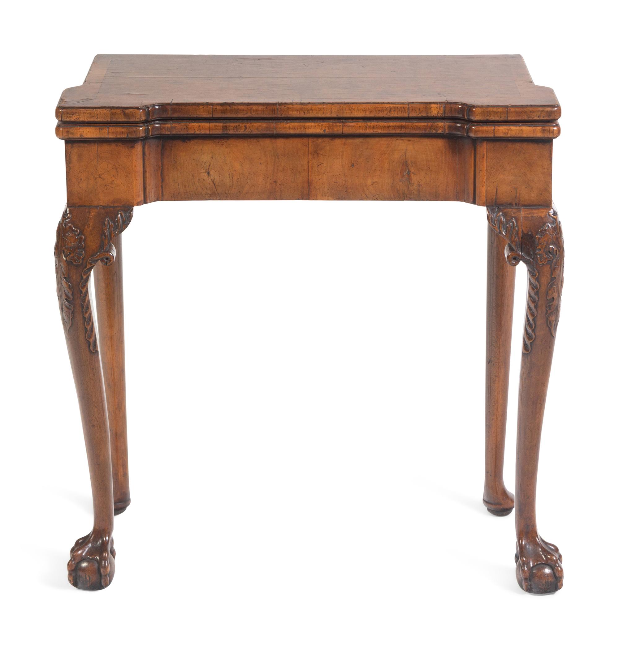 A George II Burlwood and Walnut Needlework Inset Concertina-Action Claw-and-Ball Foot Card Table