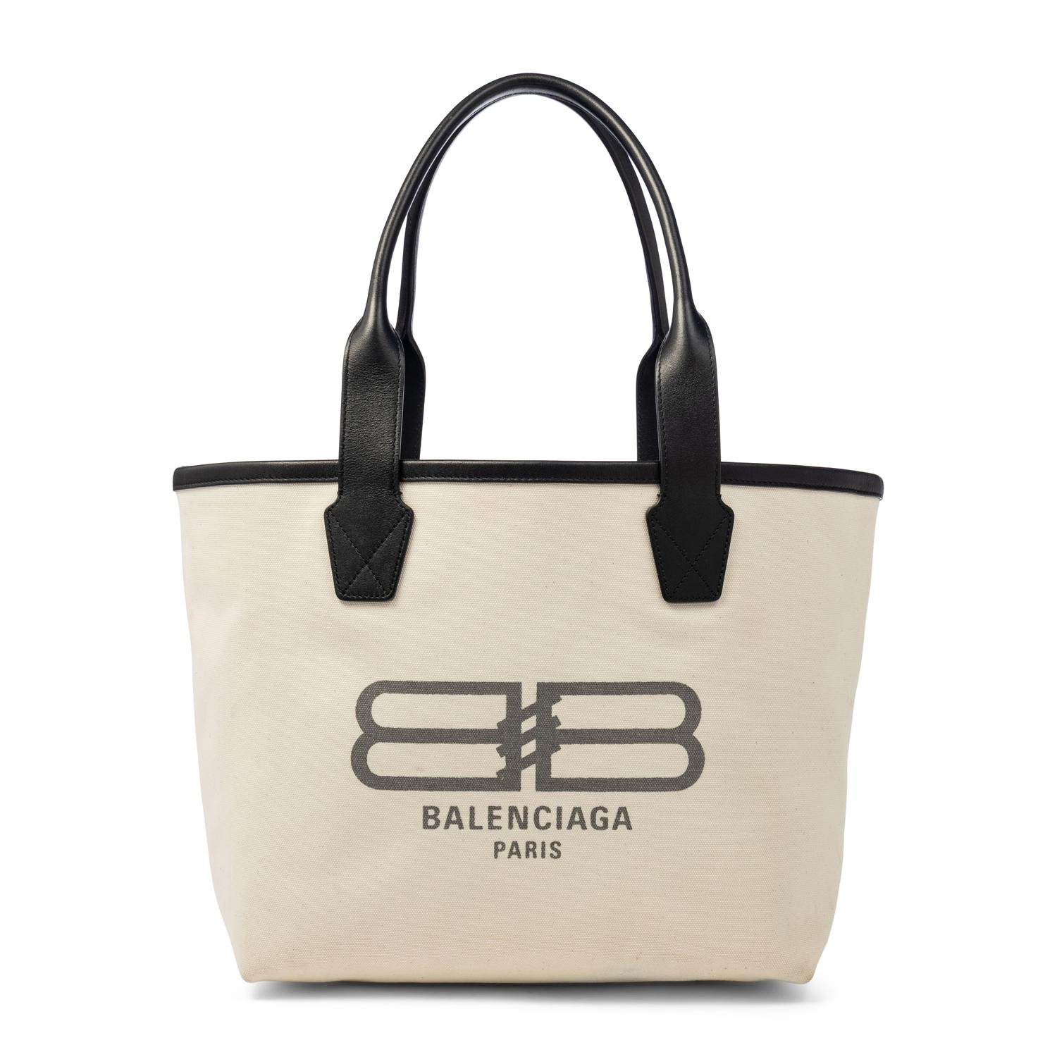 BALENCIAGA, WHITE CANVAS LOGO TOTE
