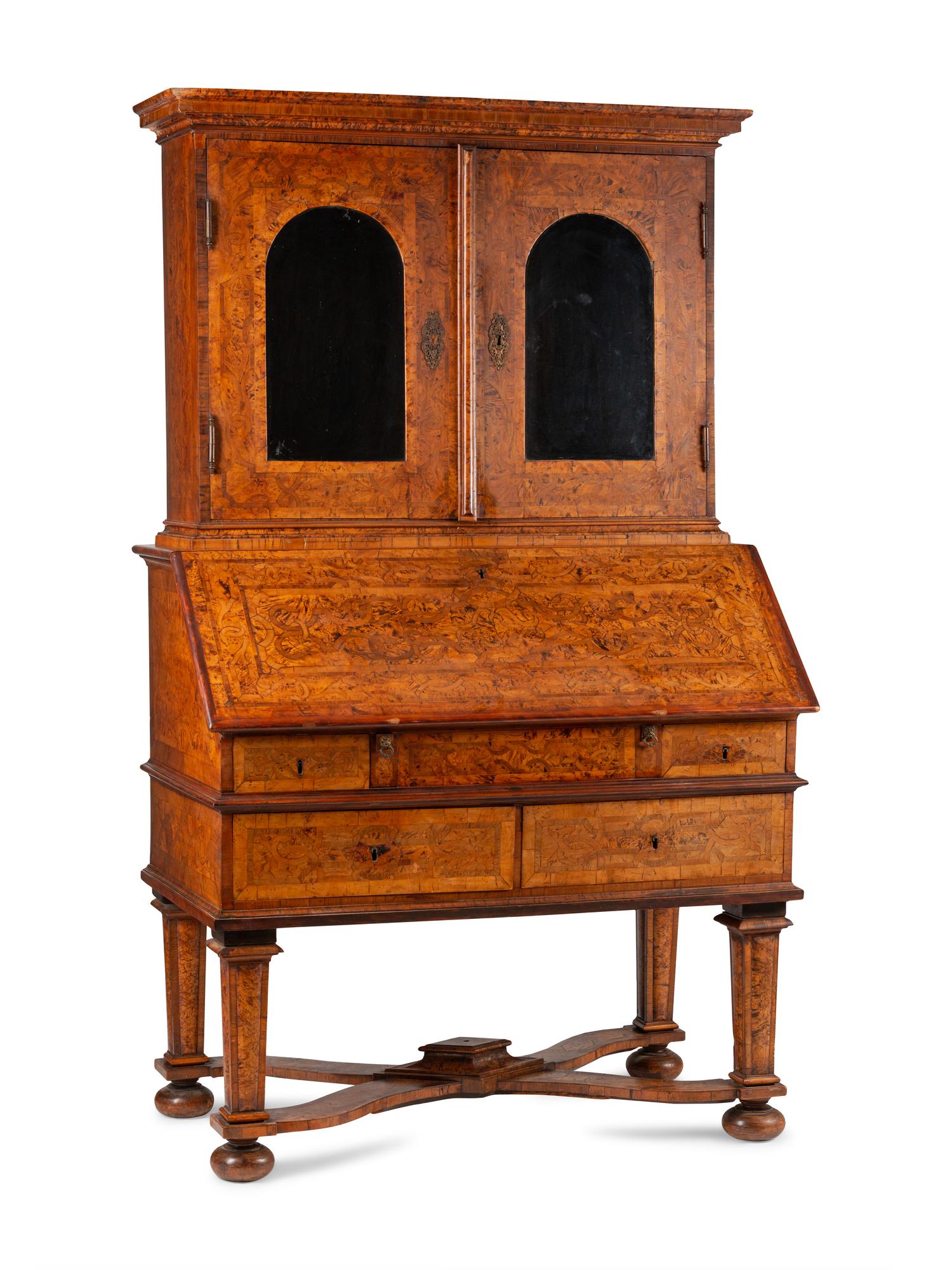 A German or Austrian Burl Walnut and Marquetry Slant-Front Bureau Bookcase
