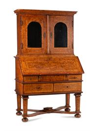 A German or Austrian Burl Walnut and Marquetry Slant-Front Bureau Bookcase
