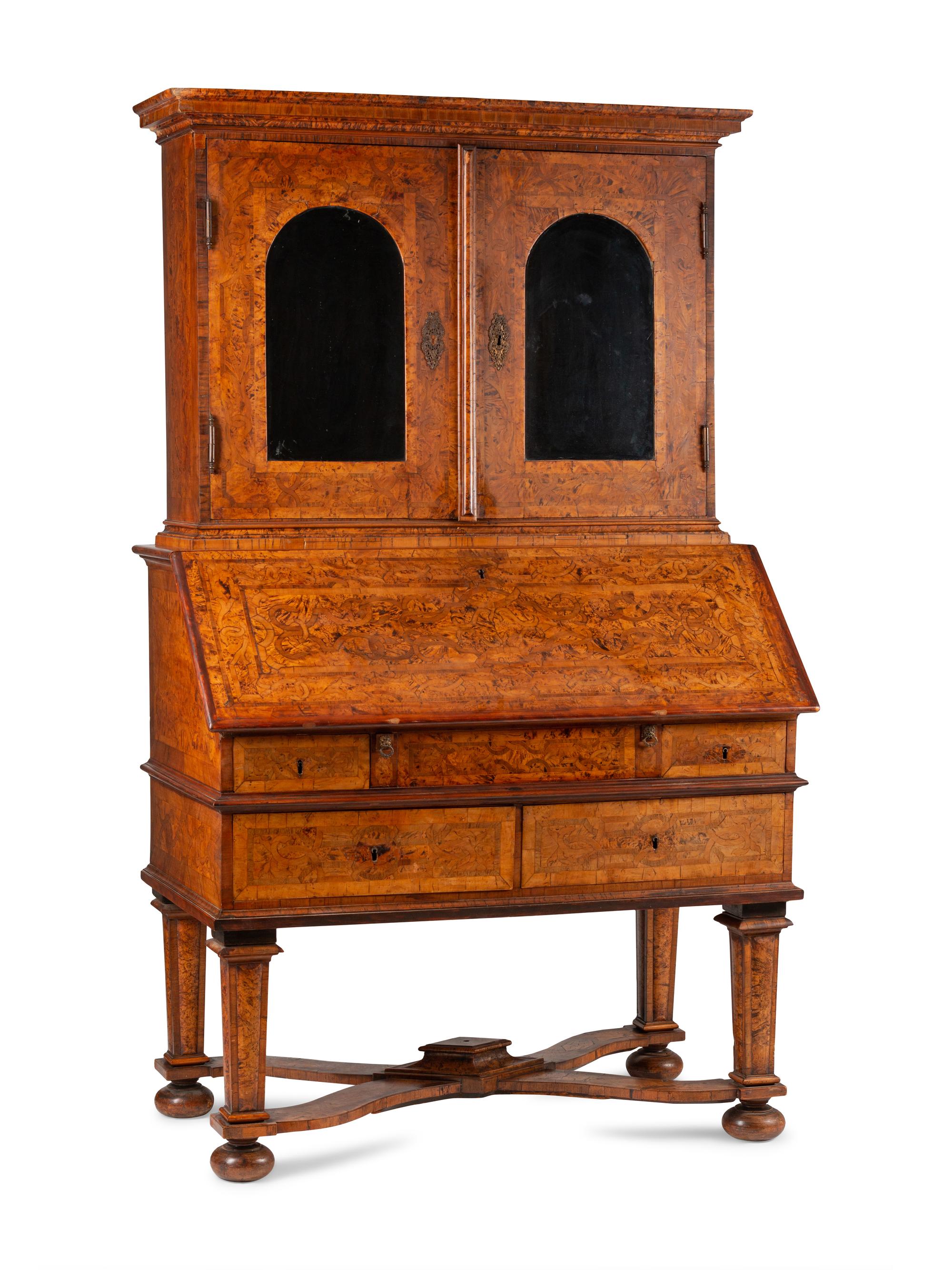 A German or Austrian Burl Walnut and Marquetry Slant-Front Bureau Bookcase