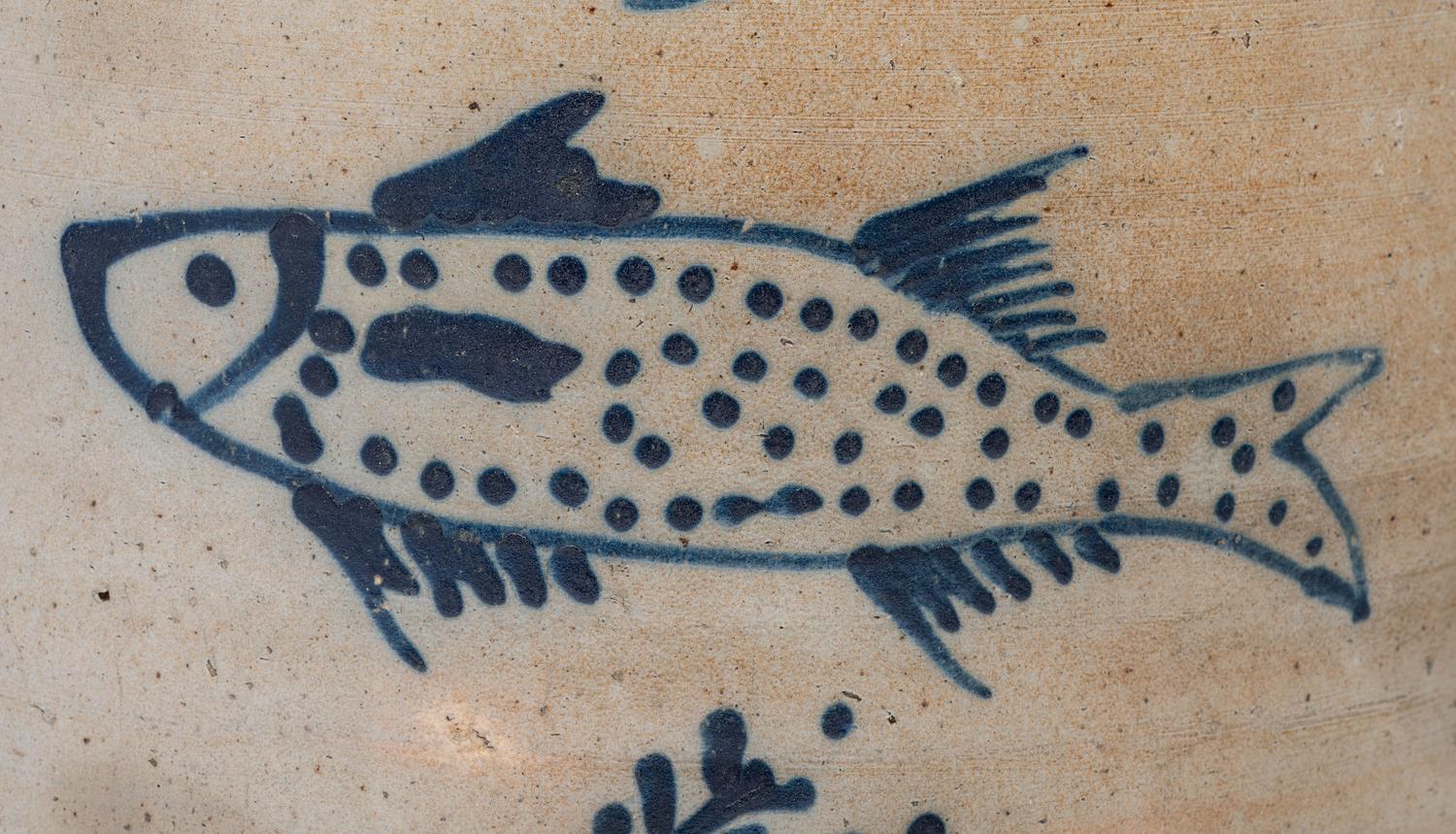 A P. H. Smith Three-Gallon Cobalt Decorated Stoneware 'Fish' Crock
