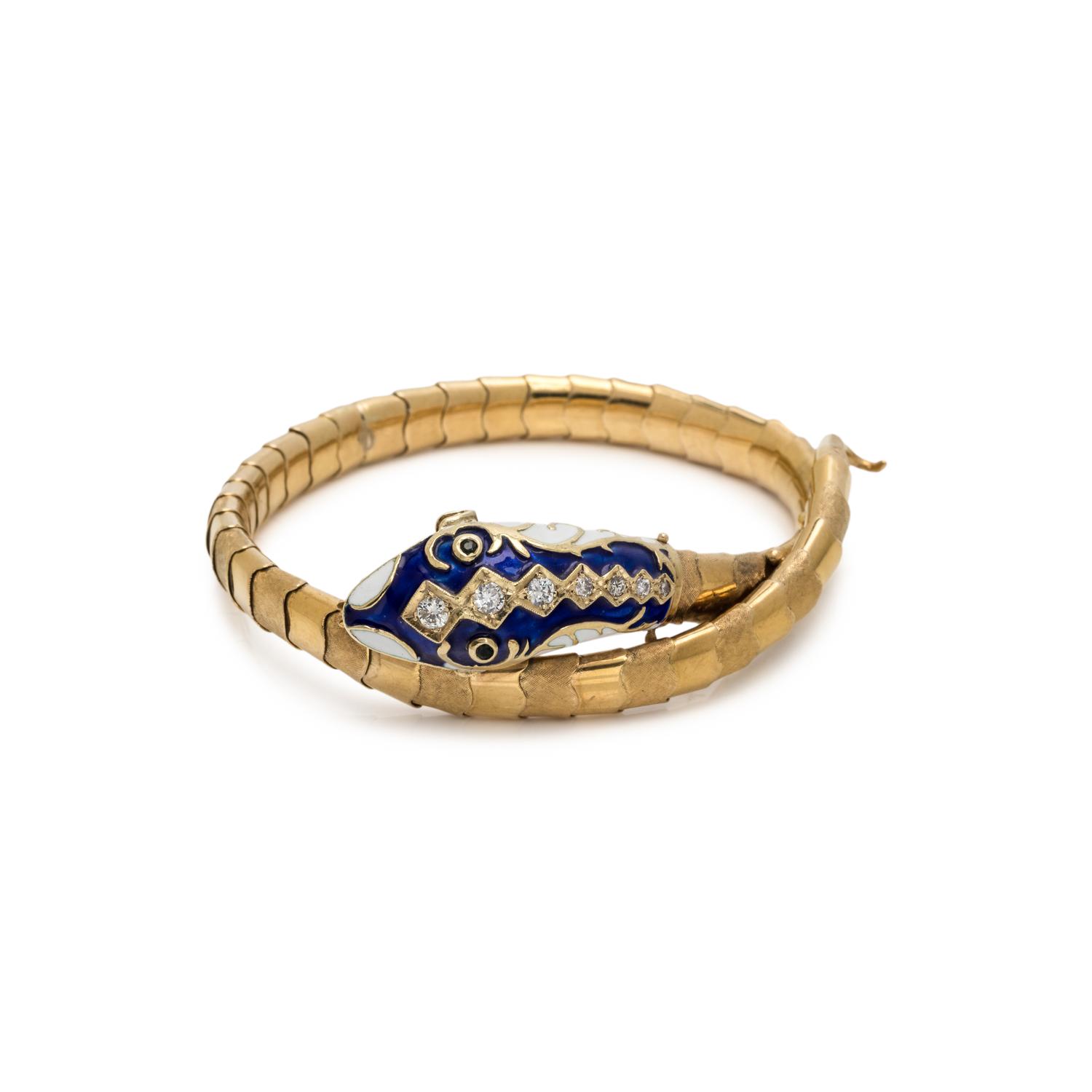 YELLOW GOLD, ENAMEL AND DIAMOND SNAKE BRACELET