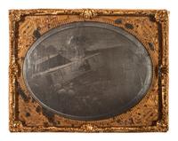 [EARLY PHOTOGRAPHY]. Quarter plate period copy daguerreotype of train wreck.