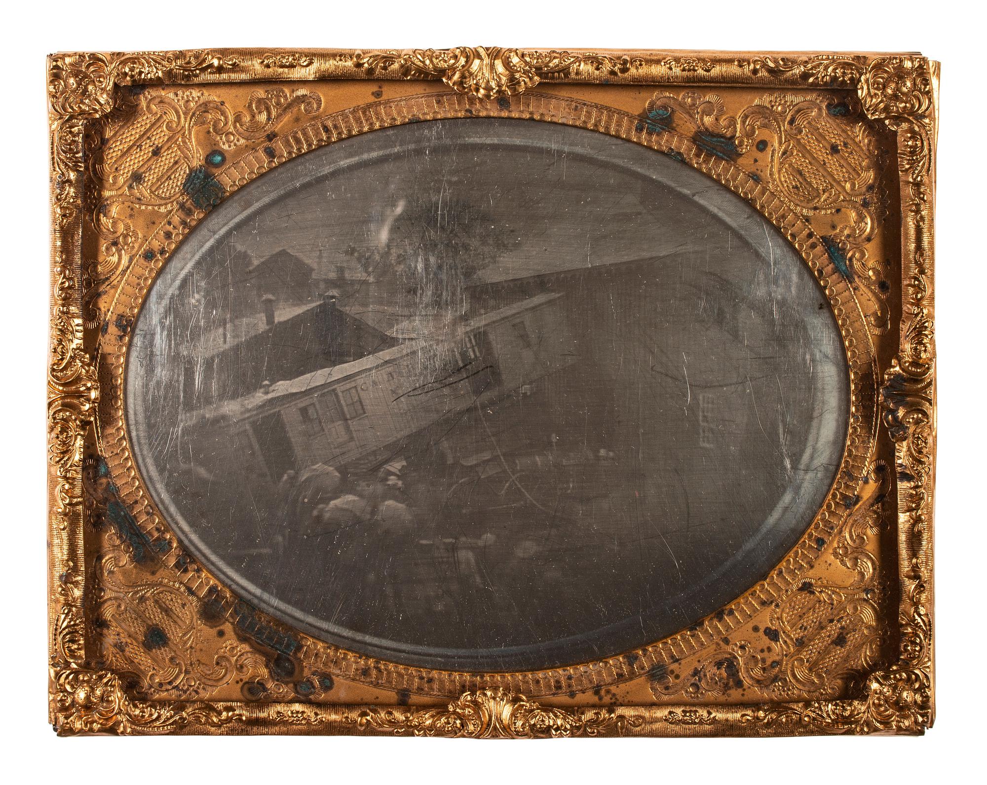 [EARLY PHOTOGRAPHY]. Quarter plate period copy daguerreotype of train wreck.
