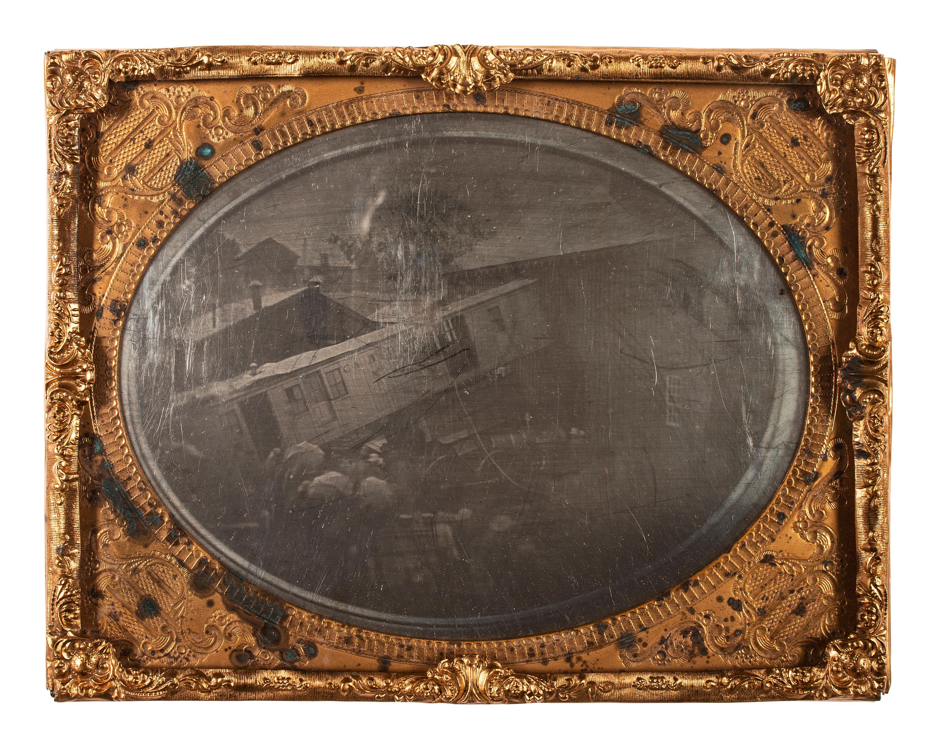 [EARLY PHOTOGRAPHY]. Quarter plate period copy daguerreotype of train wreck.
