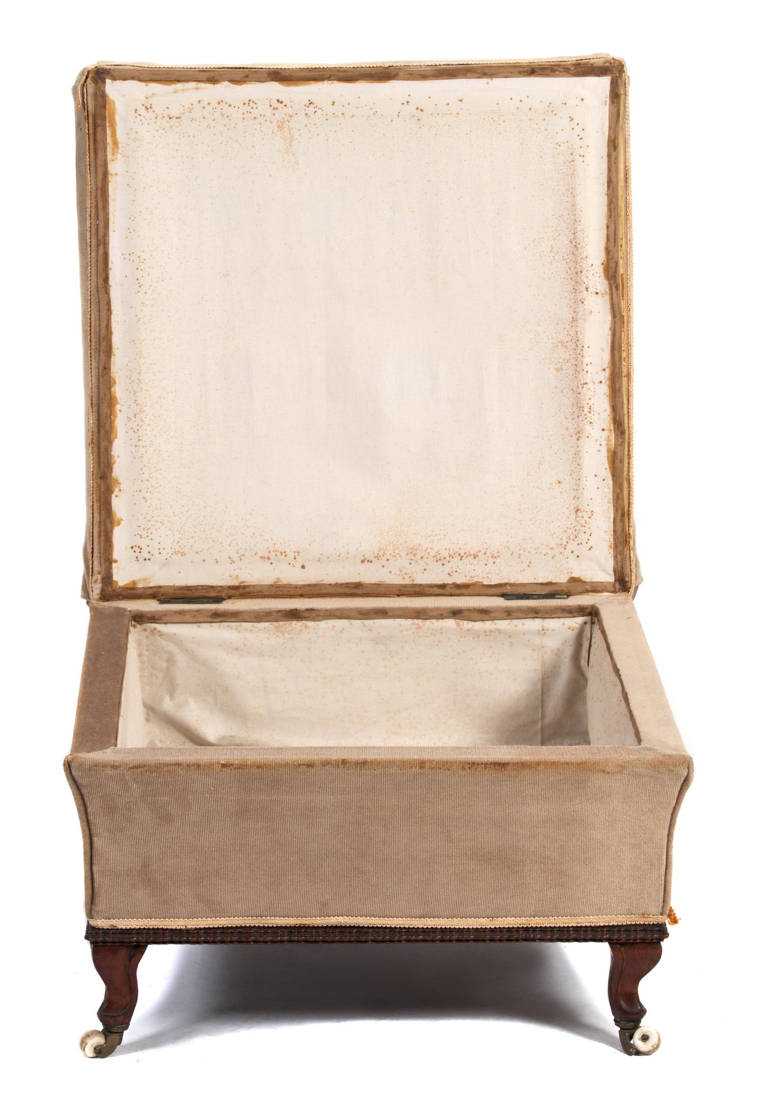 A Victorian Mahogany and Upholstered Ottoman with Lift Top Height 18 x width 25 x depth 25 inches. — 19TH CENTURY
