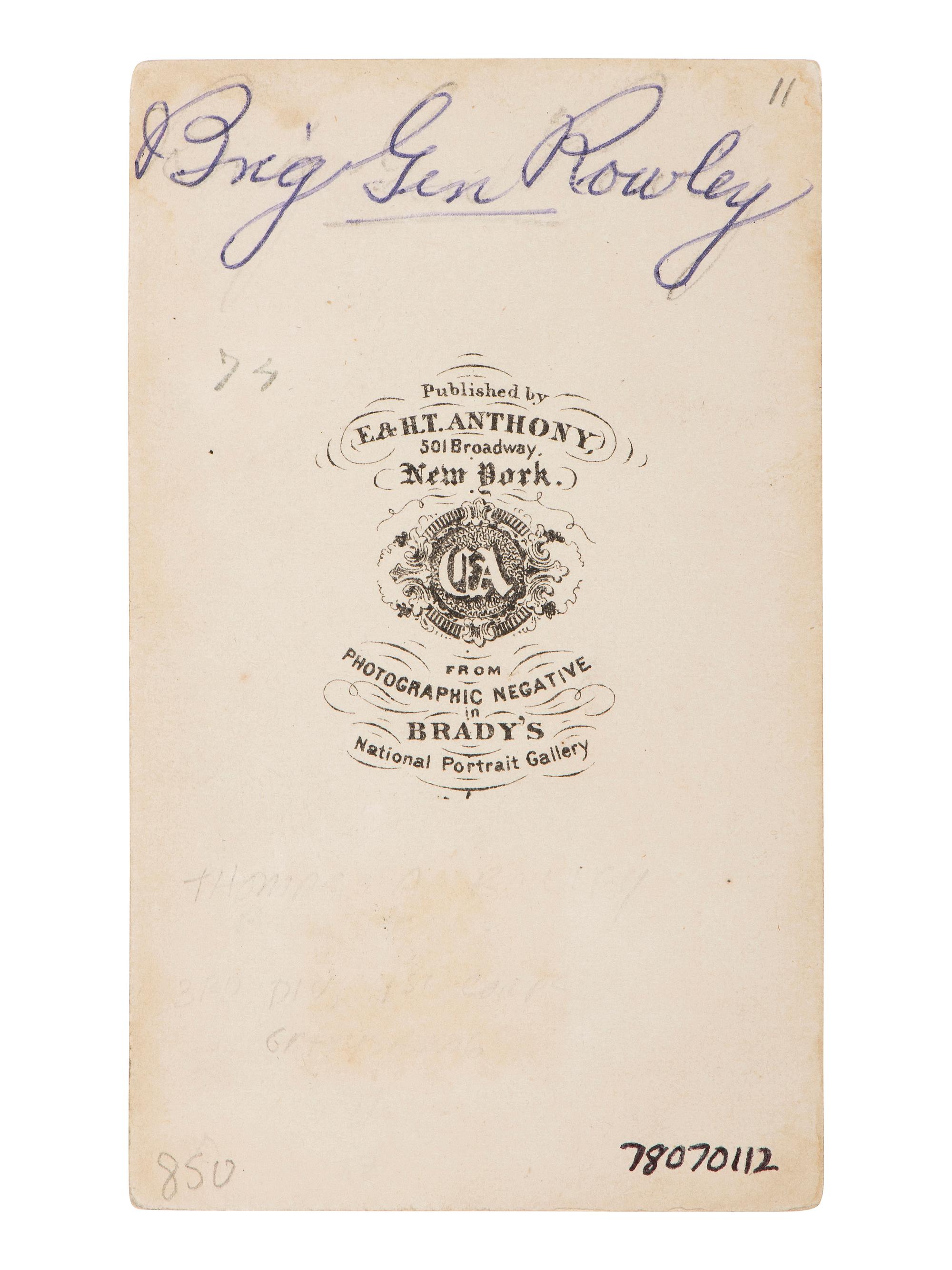 [CIVIL WAR - GETTYSBURG]. CDV of General Thomas A. Rowley as colonel. New York: E. & H. T Anthony, ca 1861.