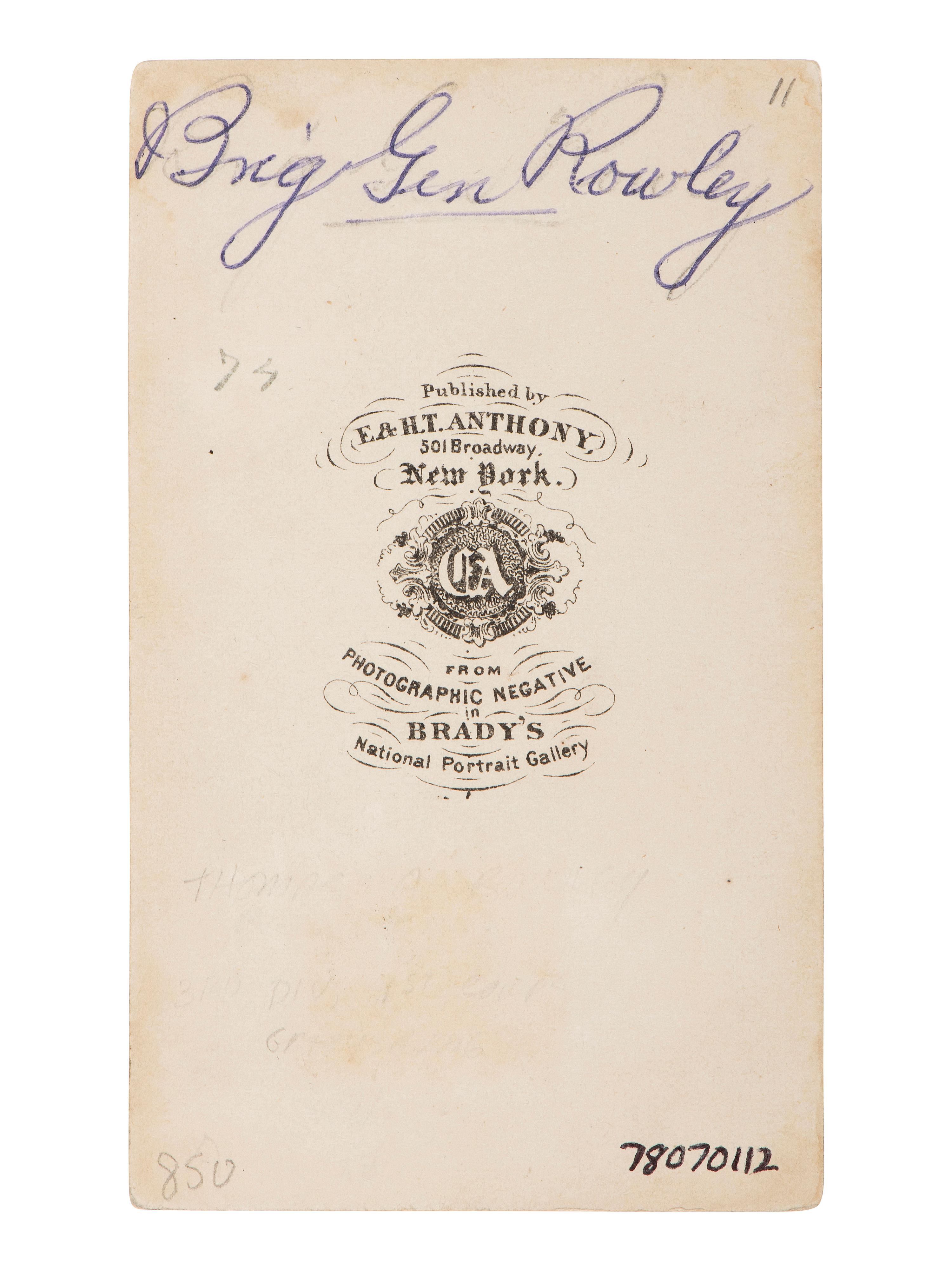 [CIVIL WAR - GETTYSBURG]. CDV of General Thomas A. Rowley as colonel. New York: E. & H. T Anthony, ca 1861.