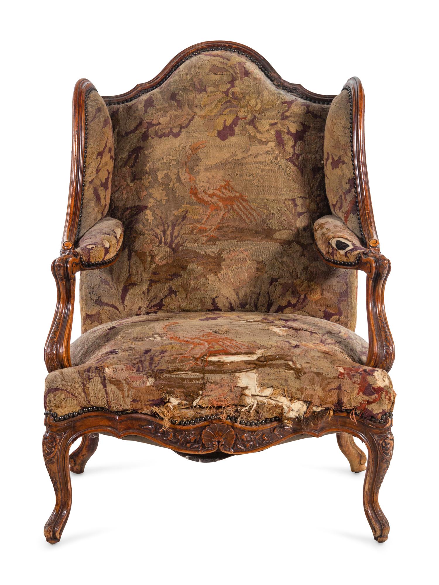 A Louis XV Style Walnut Tapestry-Upholstered Bergère