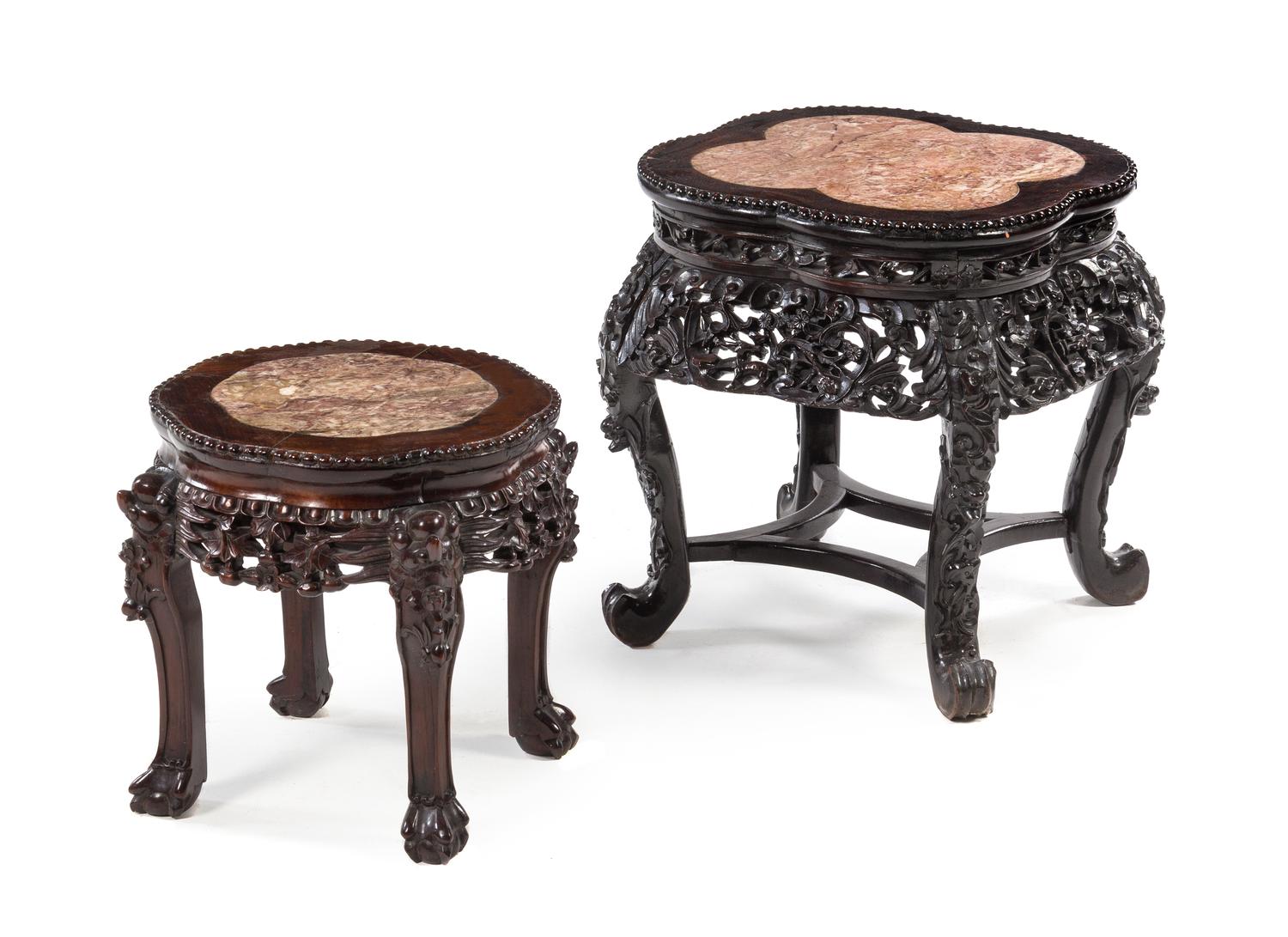 Two Chinese Marble Inset Jardiniere Stands Height of larger example 20 1/8 inches. — 20TH CENTURY