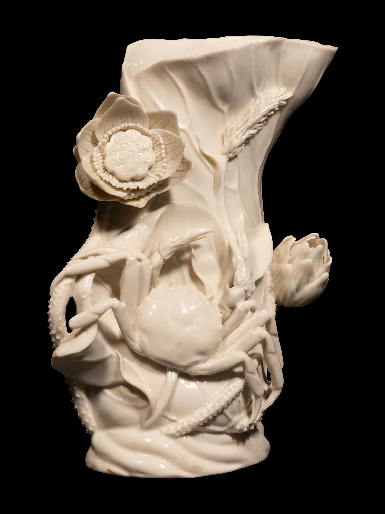 A Chinese Blanc de Chine Porcelain 'Crab and Lotus' Brush Pot