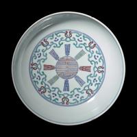 A Chinese Doucai Porcelain 'Shou' Dish, Daoguang Mark and Period 清道光 斗彩壽字紋盤